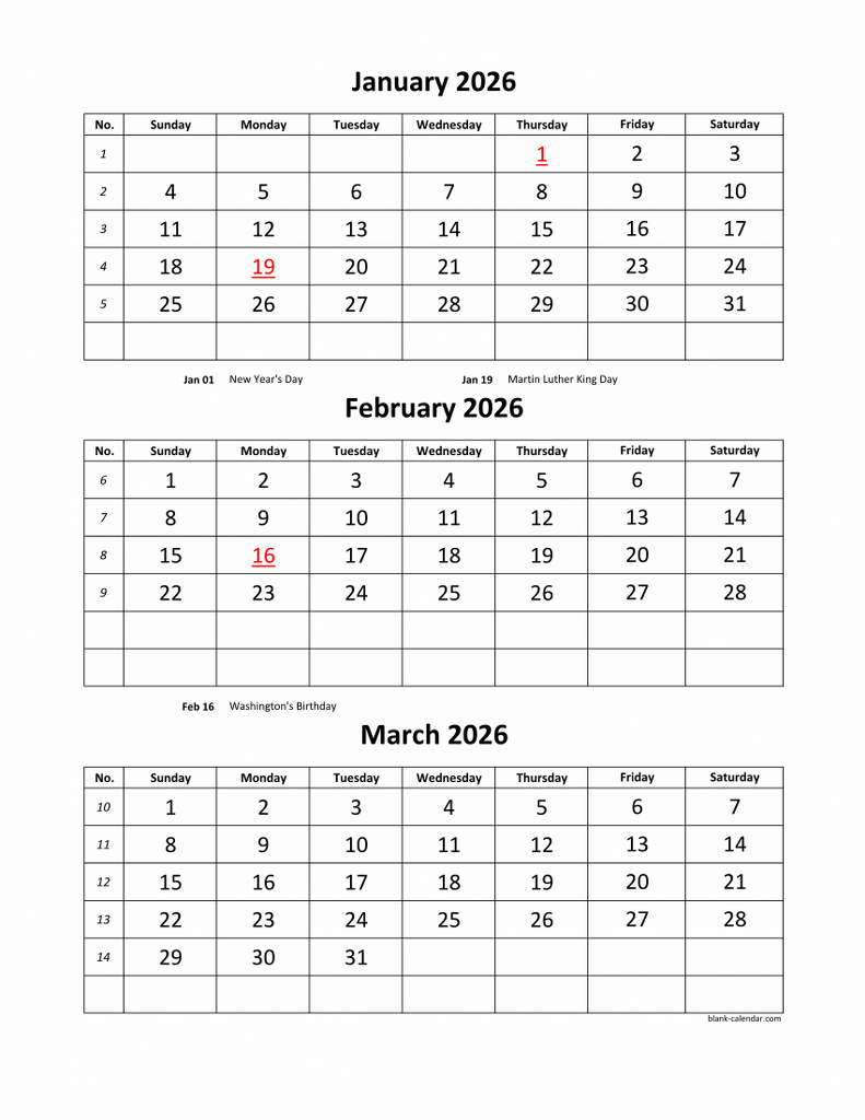 Blank 2026 Calendar By Month Printable