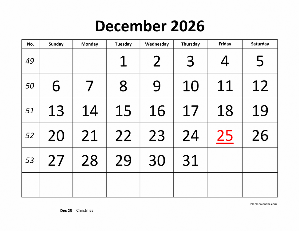 December 2026 Holiday Calendar Free Printable