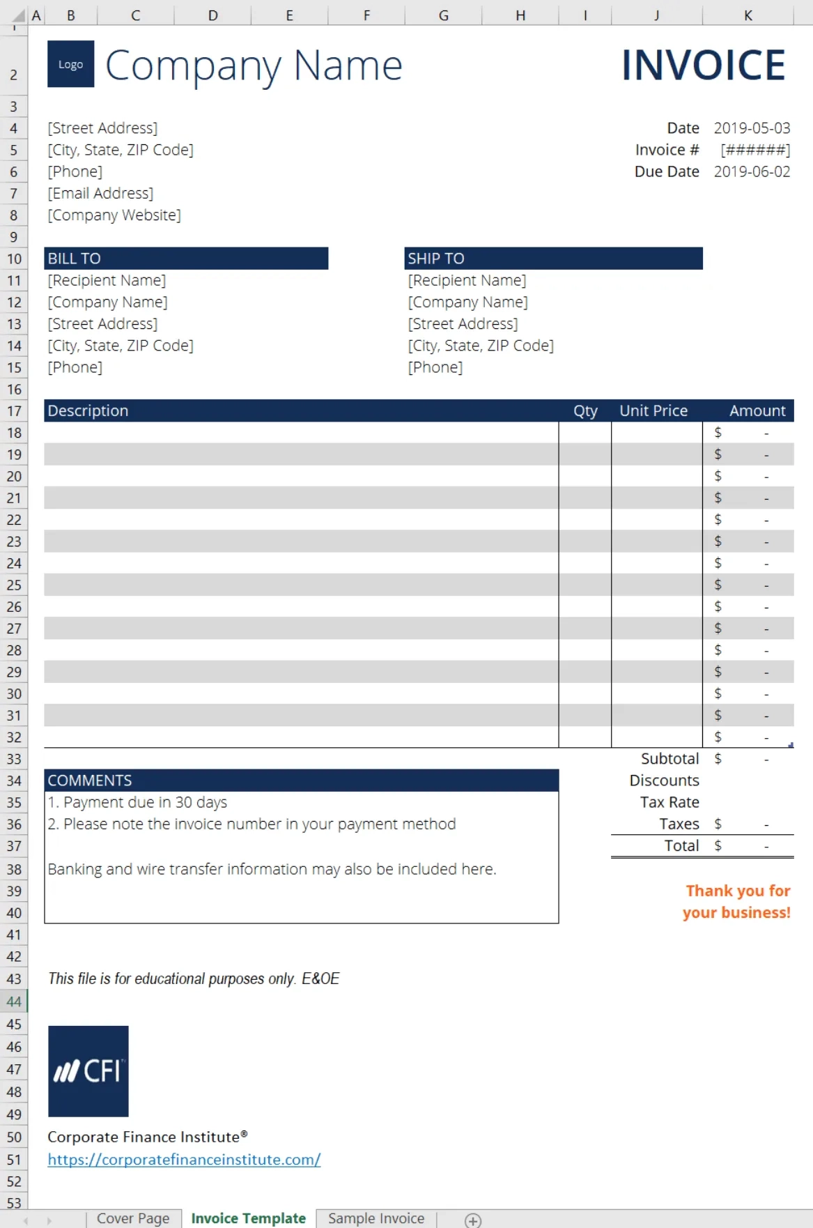 Free Excel Invoice Template Download amp Customize CFI