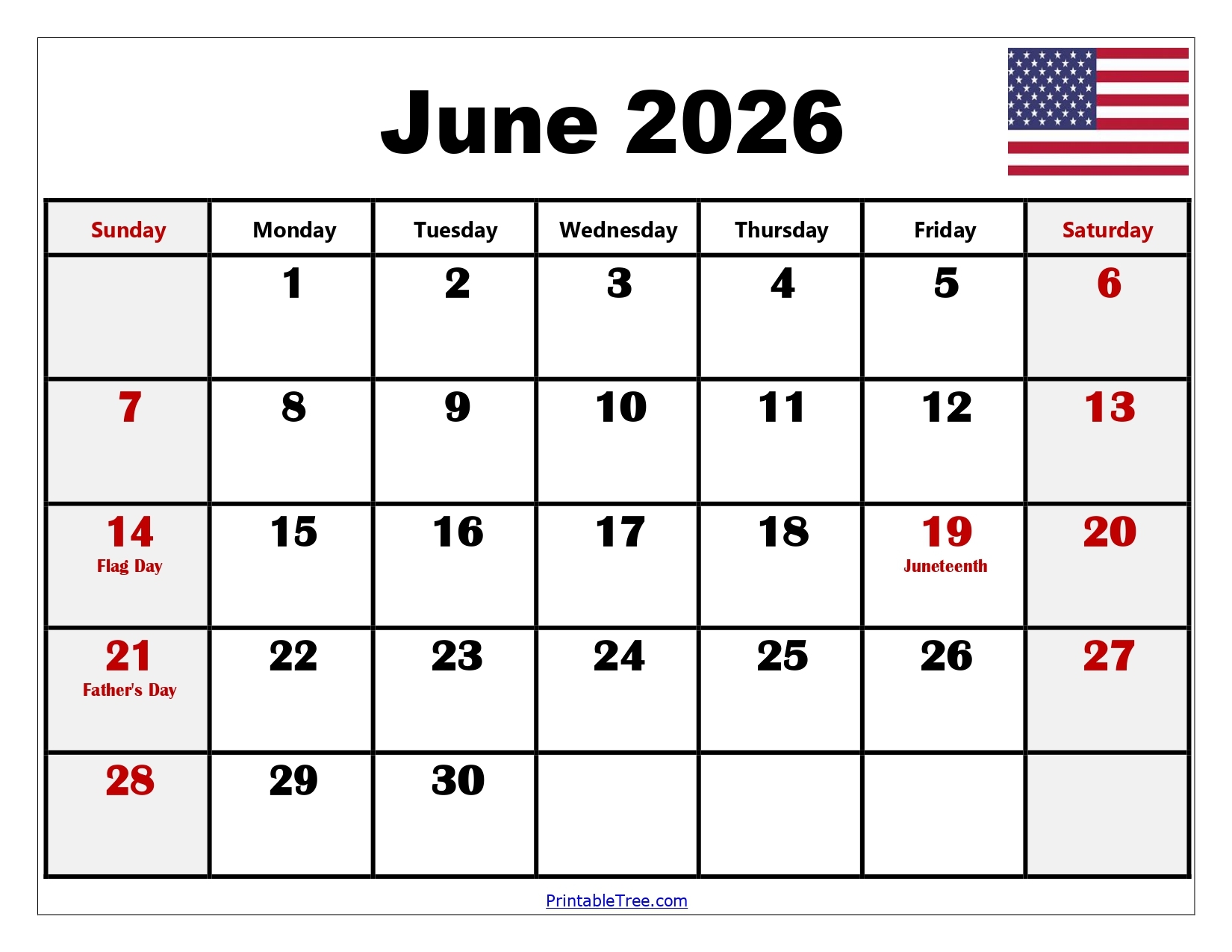 Free Printable Blank June 2026 Calendar
