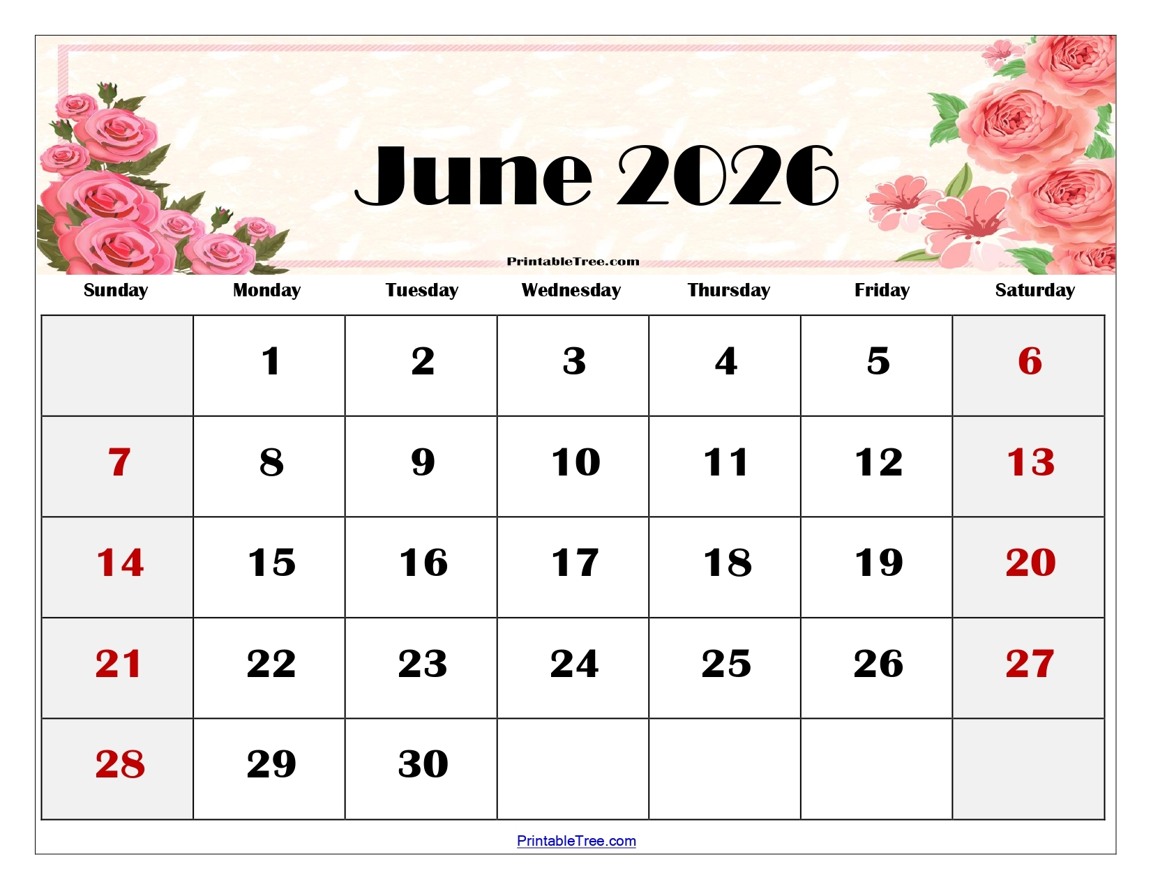 Printable Calendar June 2026 Free