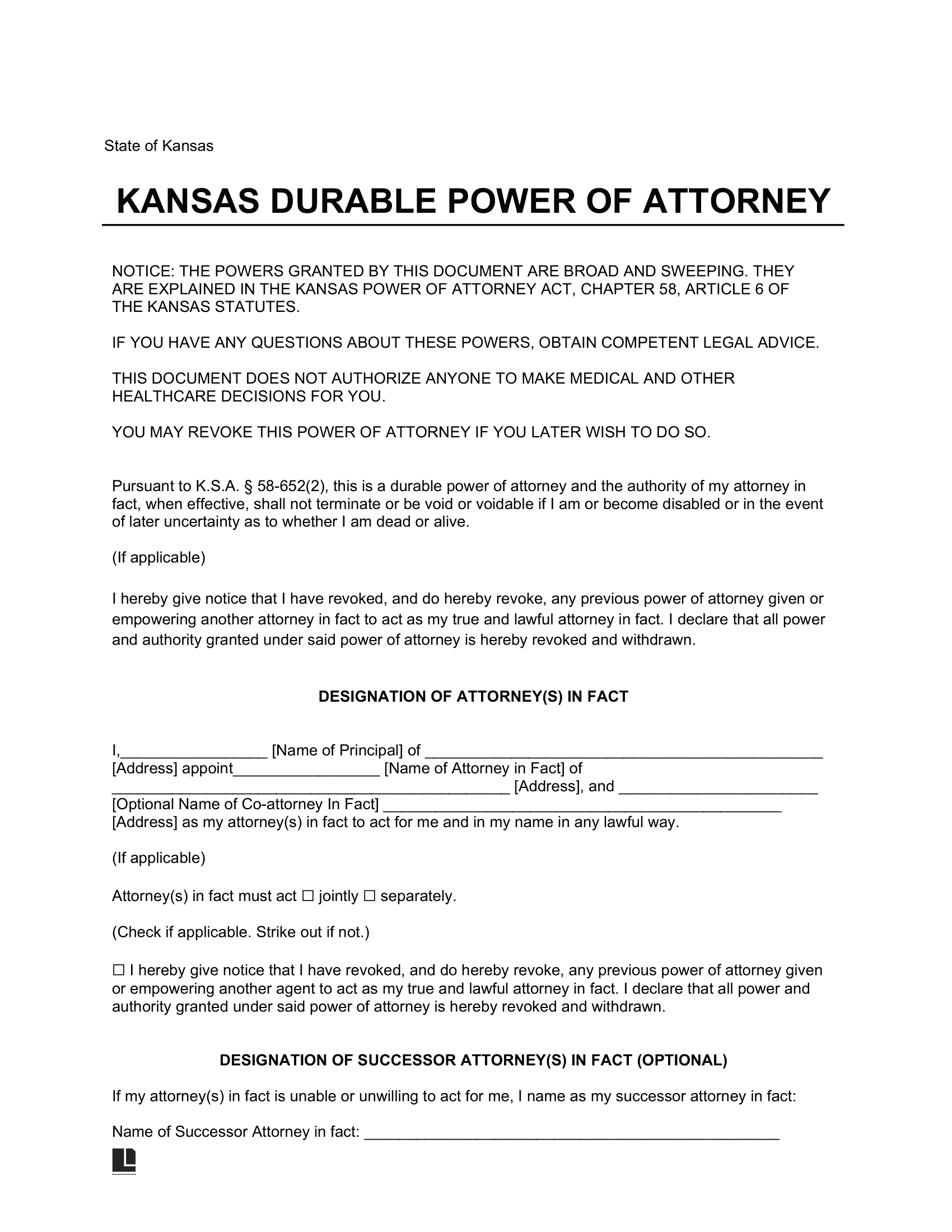Free Kansas Durable Power Of Attorney Form PDF amp Word