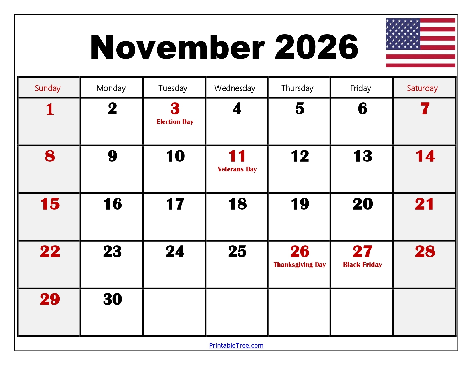 Printable Calendar November Through December 2026