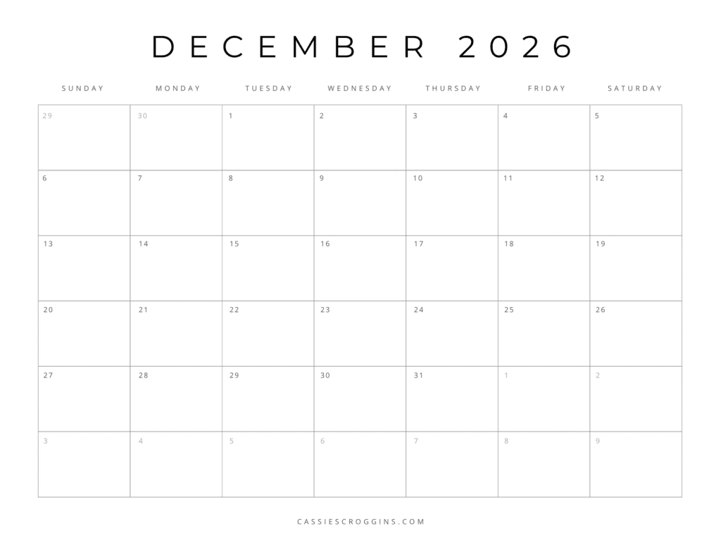 Printable Kids Calendar 2026 December