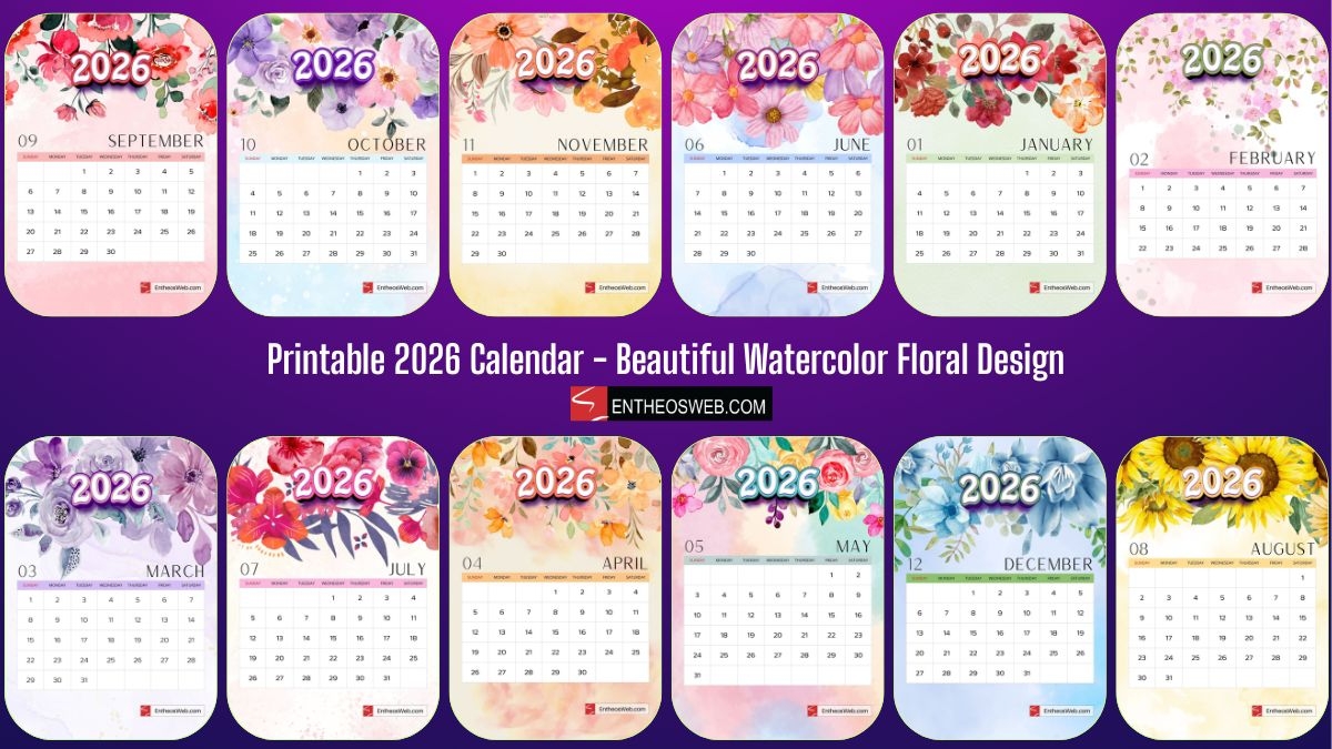 Free Printable 2026 Monthly Calendar Beautiful Watercolor Floral 