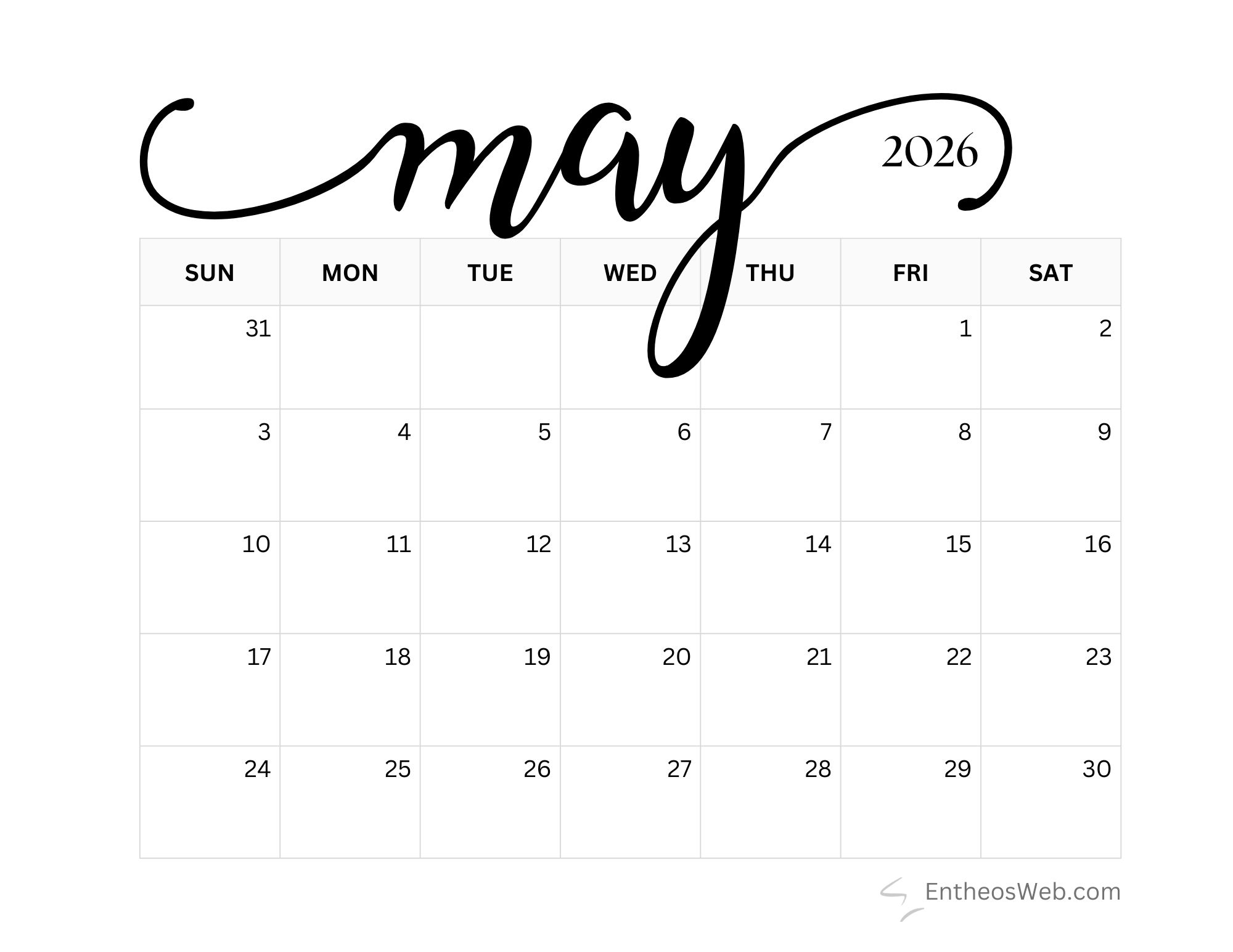 Free Printable 2026 Simple Black And White Calendar EntheosWeb