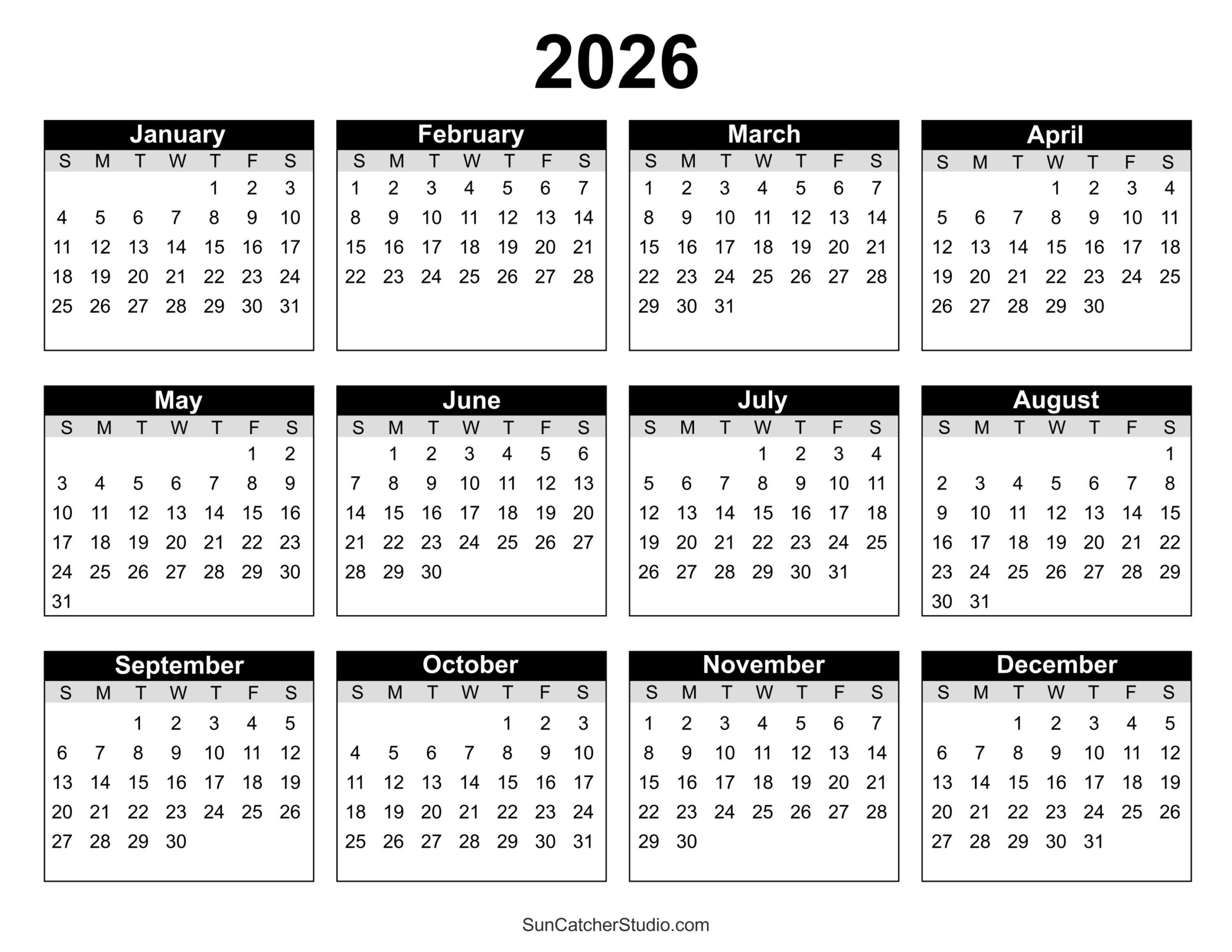 Monthly Blank Calendar 2026 Printable