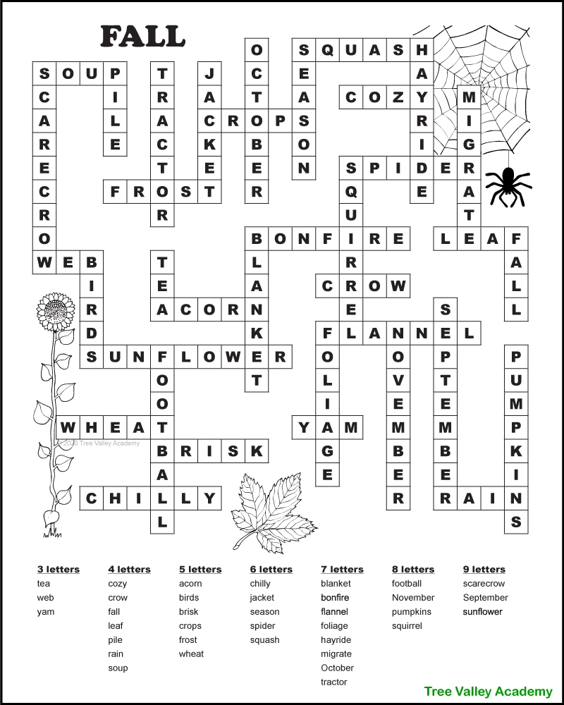 Free Printable Autumn Fall Word Fill In Puzzles Tree Valley 