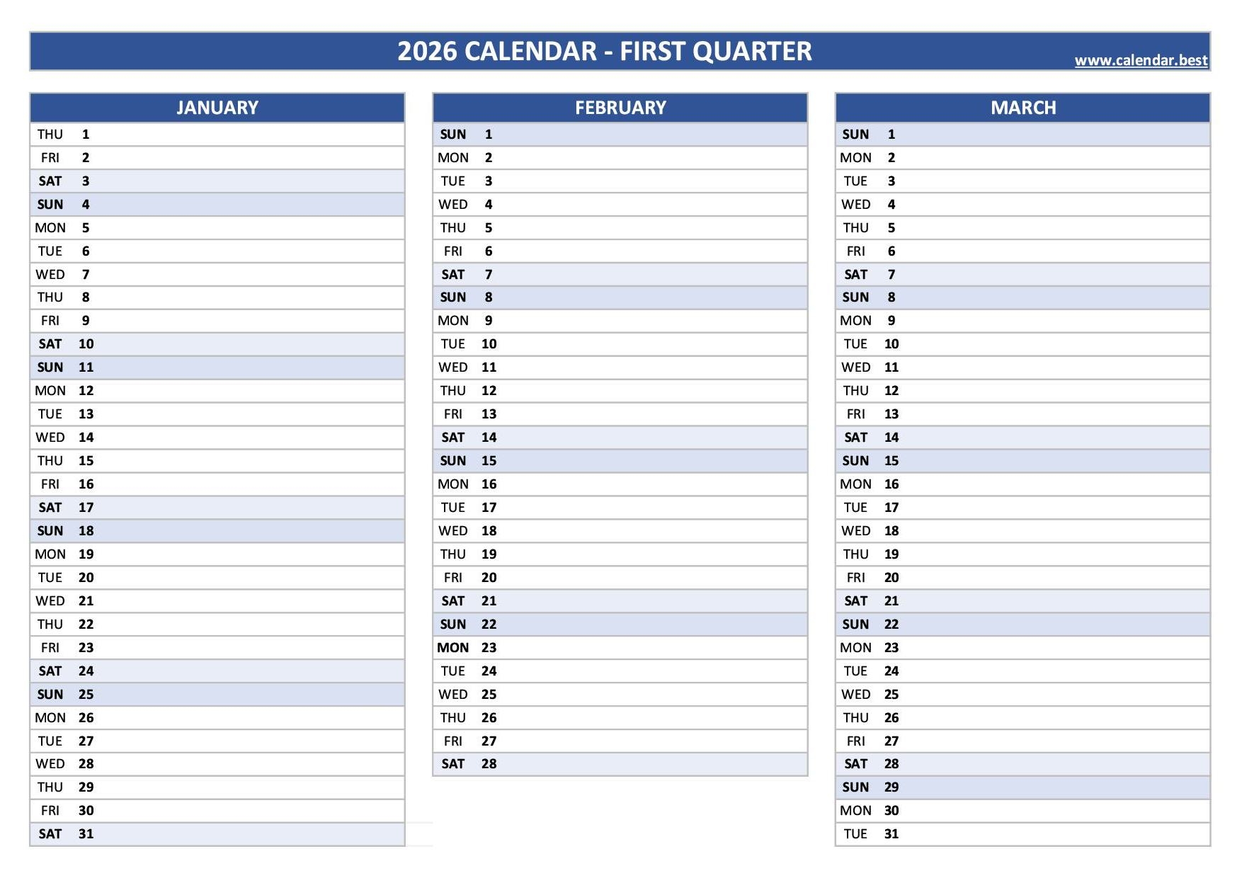 2026 Calendar Year Blank Printable