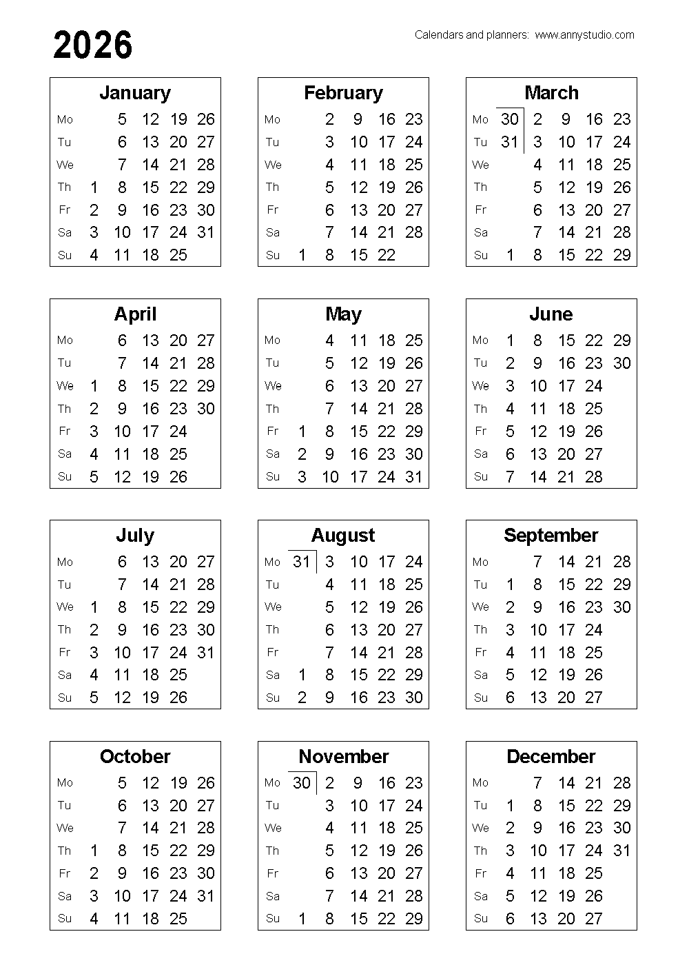 2026-2027 Blank Calendar Printable