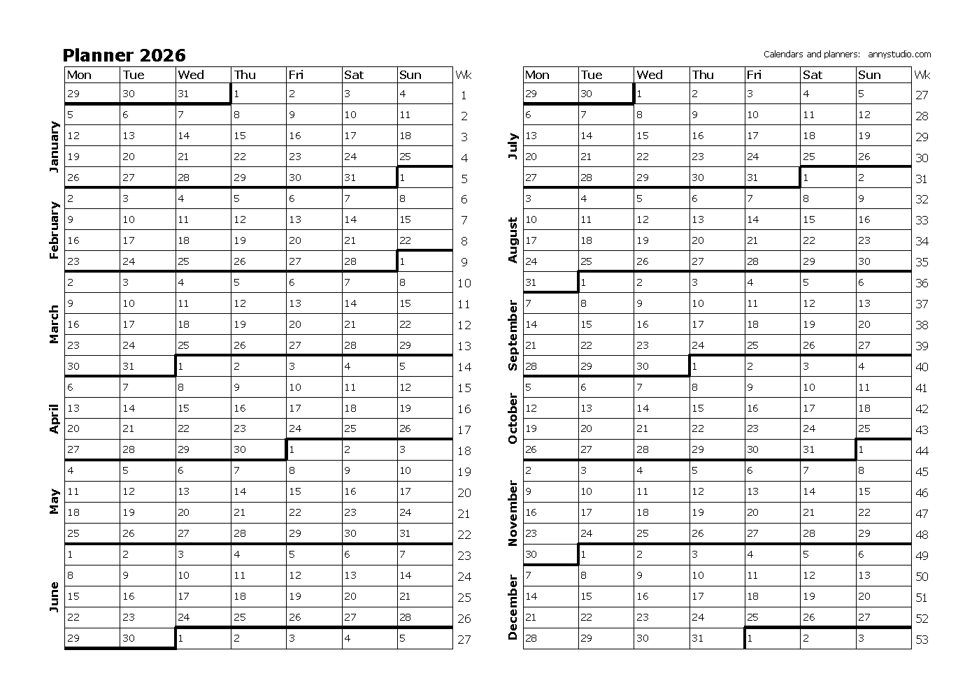 December Planning Calendar 2026 Printable