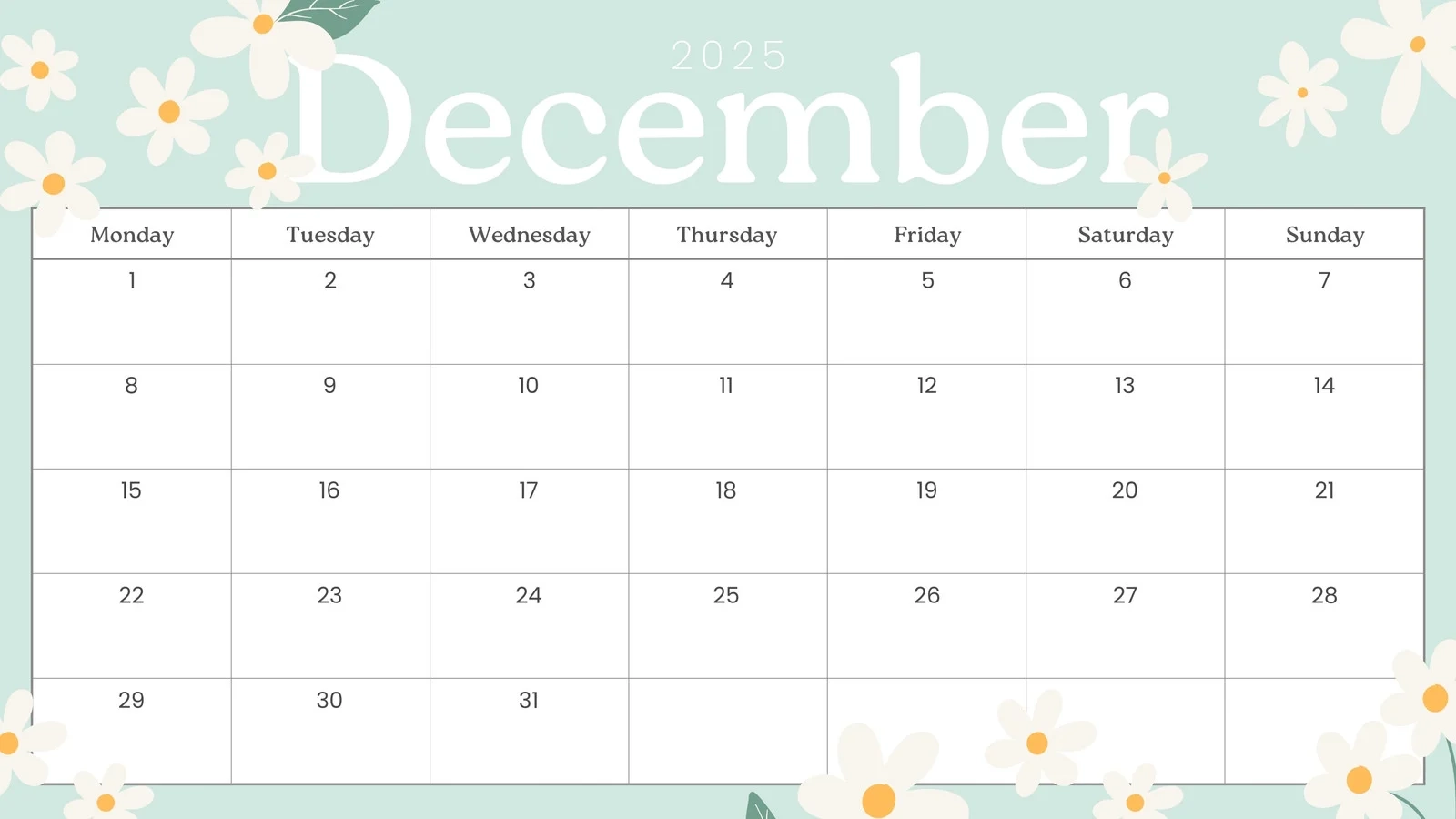 December Printable Monthly Calendar
