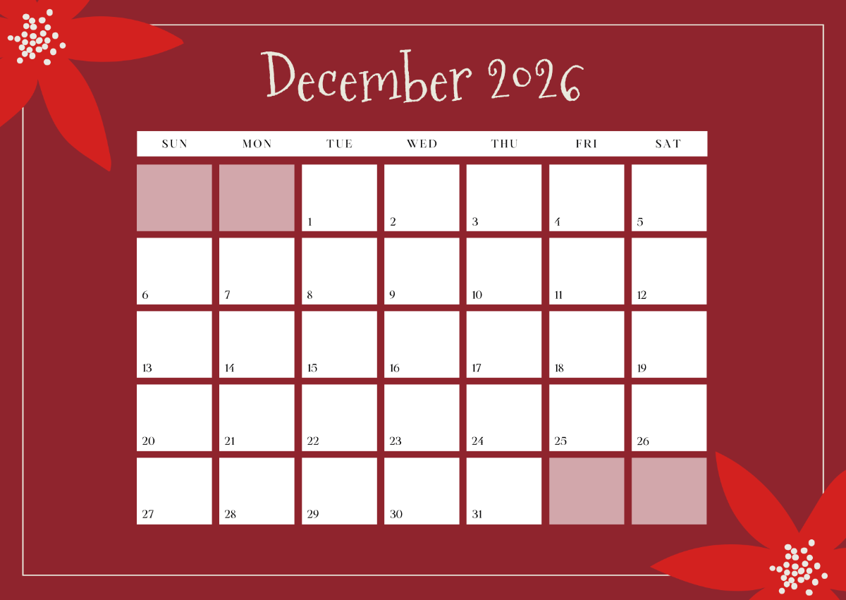 Free Editable December 2026 Printable Calendar