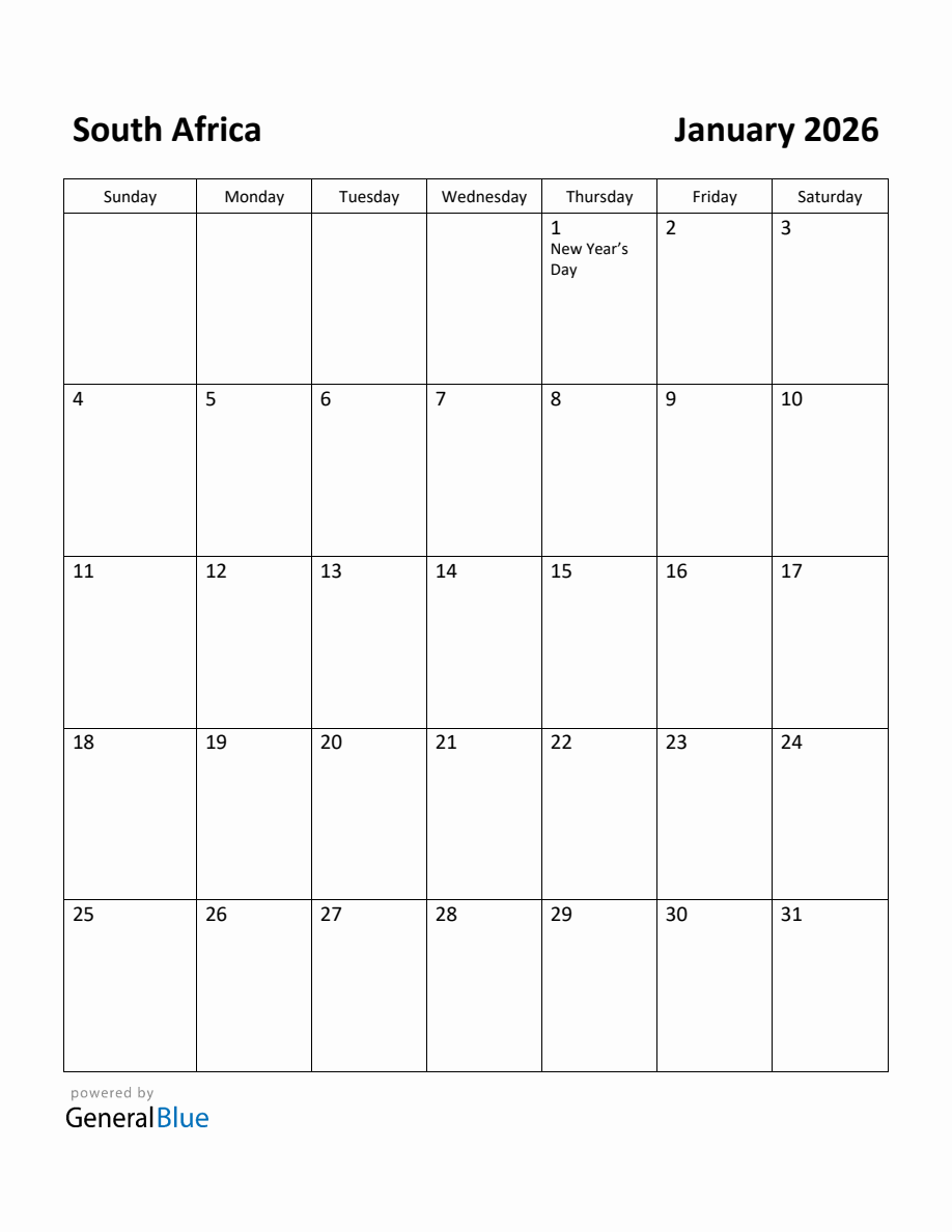 Free Printable January 2026 Calendar For South Africa