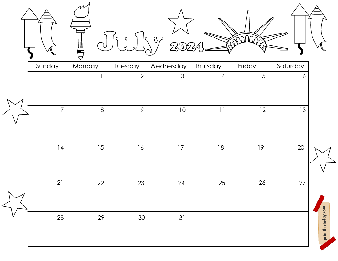 Blank Color July Calendar Printable