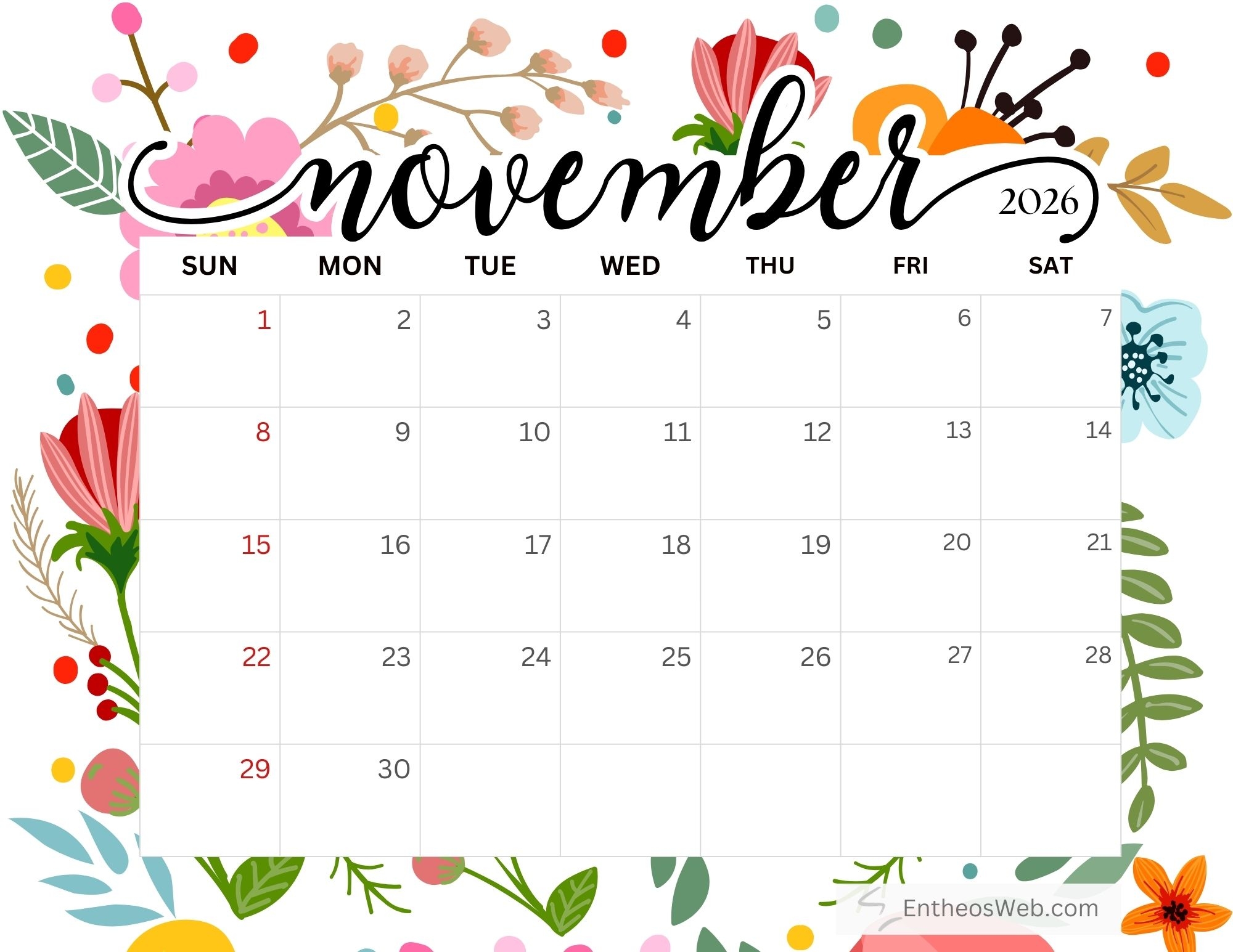 November Free Printable Calendar 2026