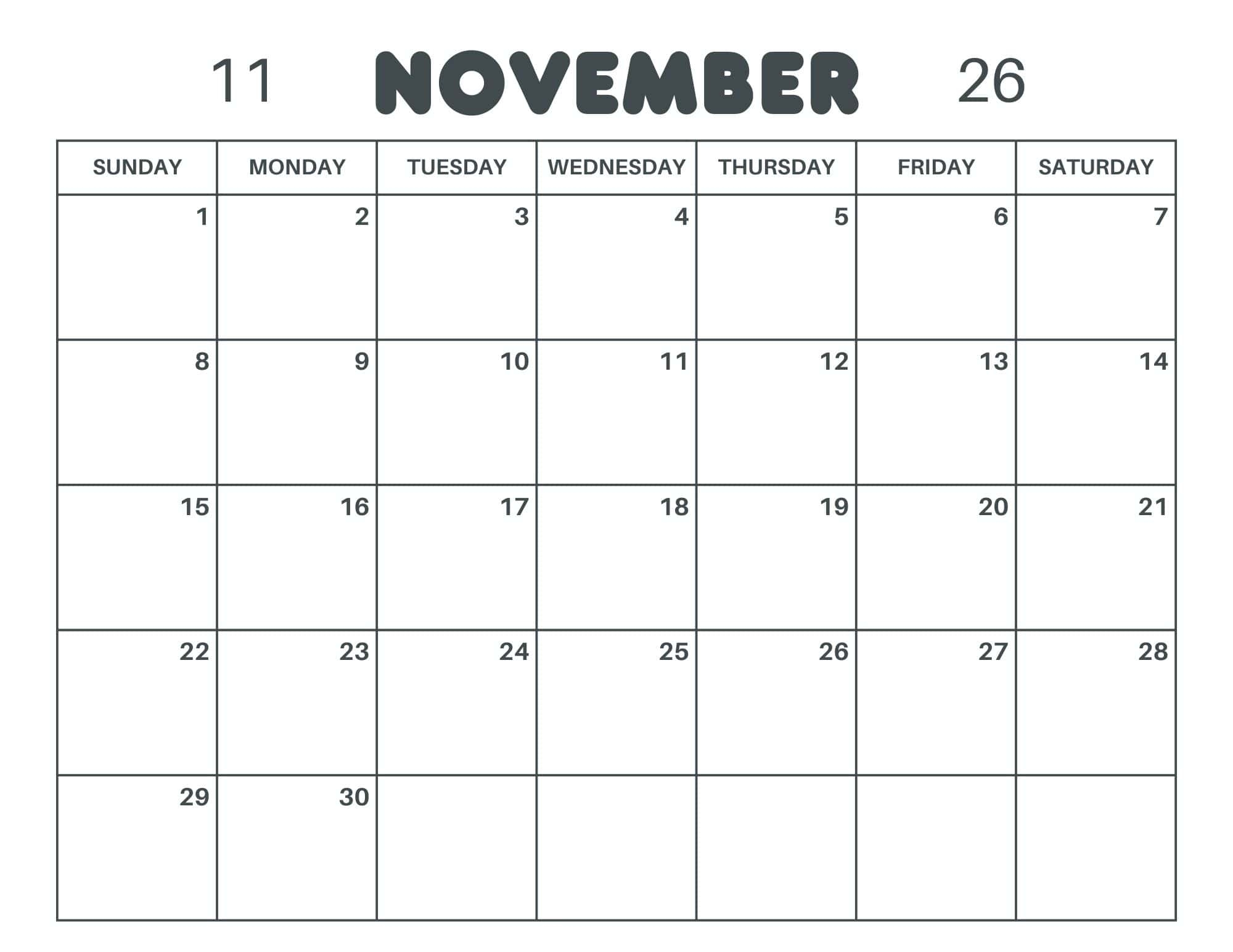 Free Printable November Calendar 2025 2026 2027 PDF amp Editable 