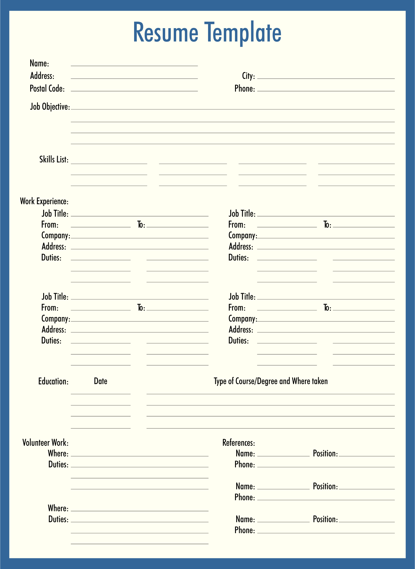 Blank Resume Templates Free Printable Form