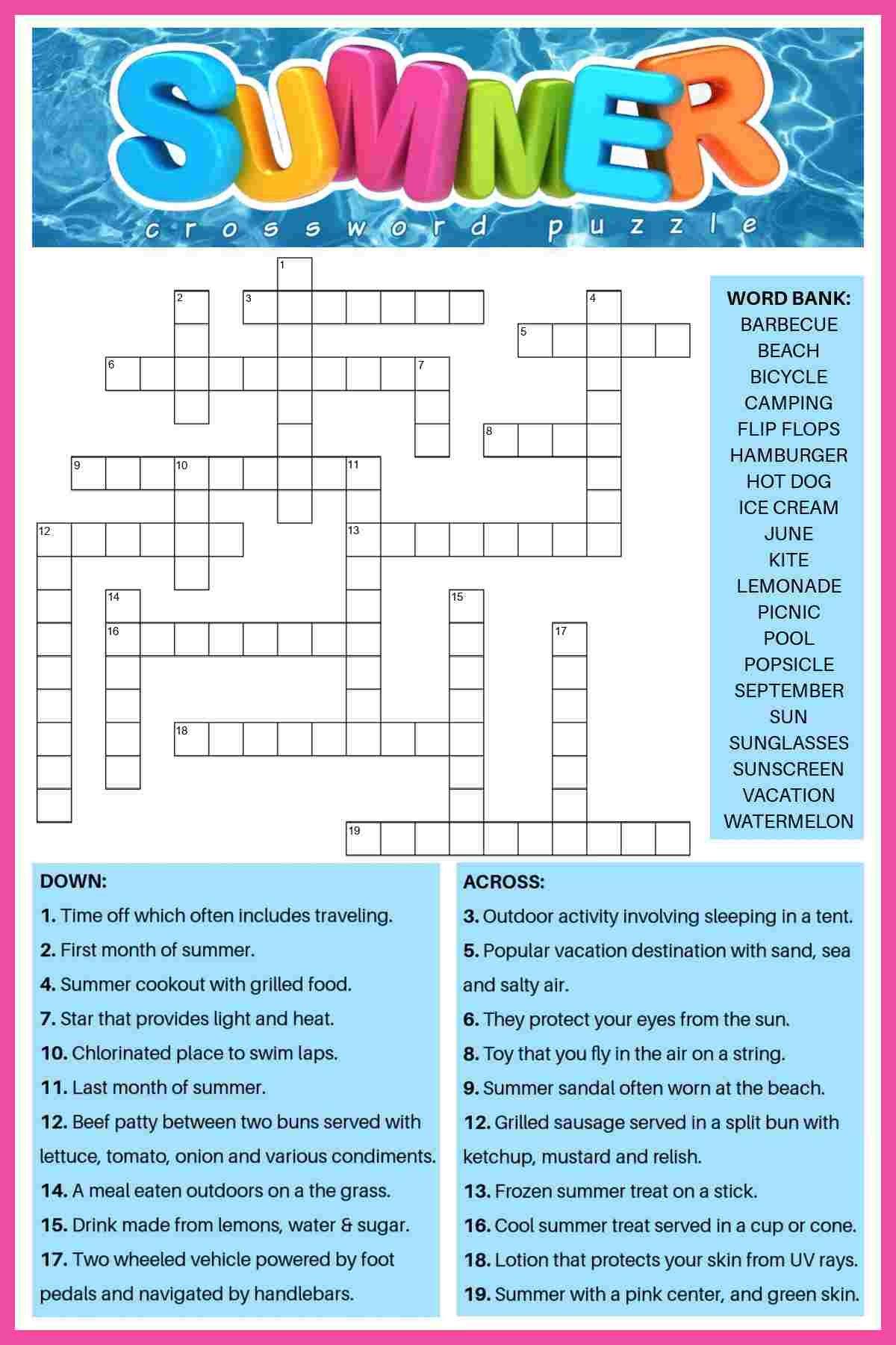 Summer Crossword Puzzles Printable