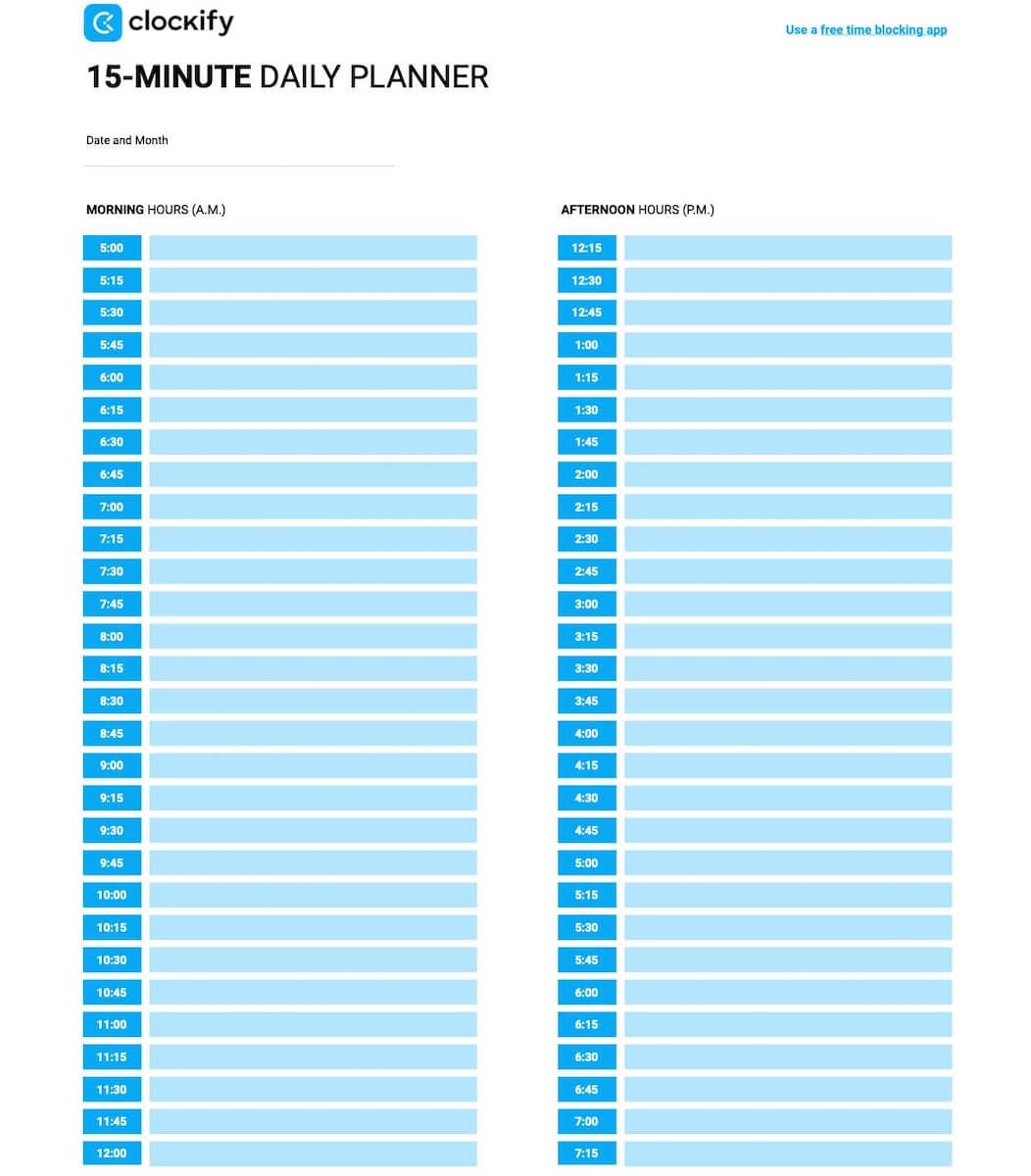 Daily Printable 15 Minute Schedule Template