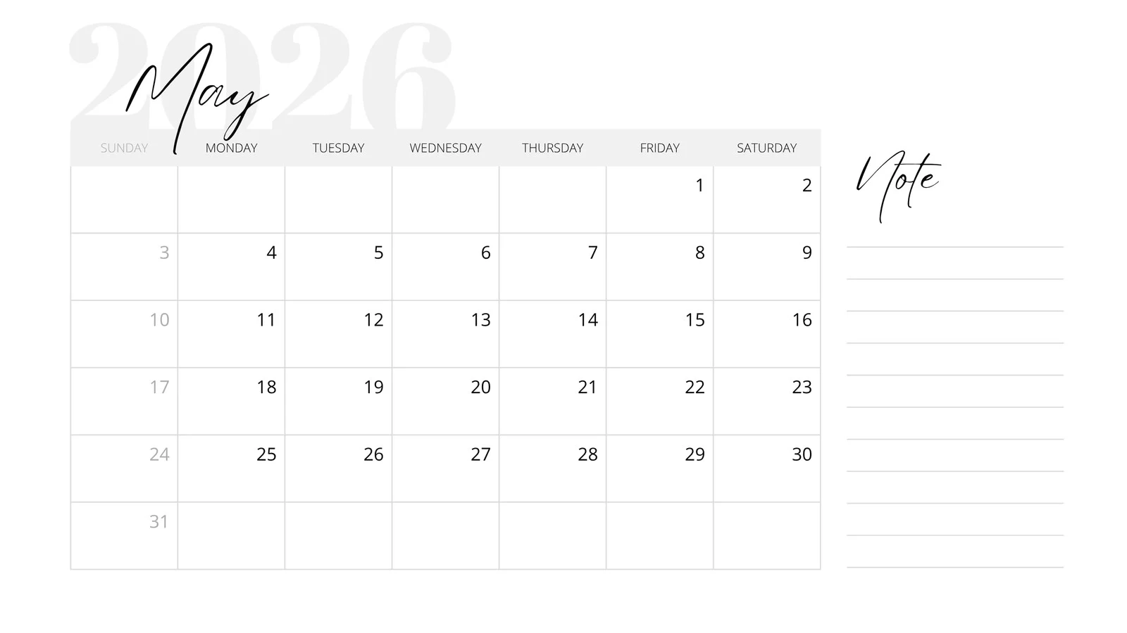 Blank Calendar For May 2026 Printable