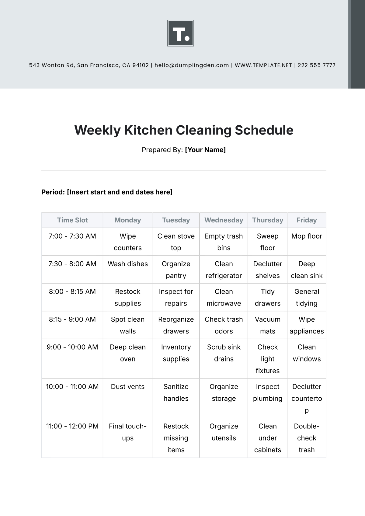 Free Weekly Kitchen Cleaning Schedule Template To Edit Online