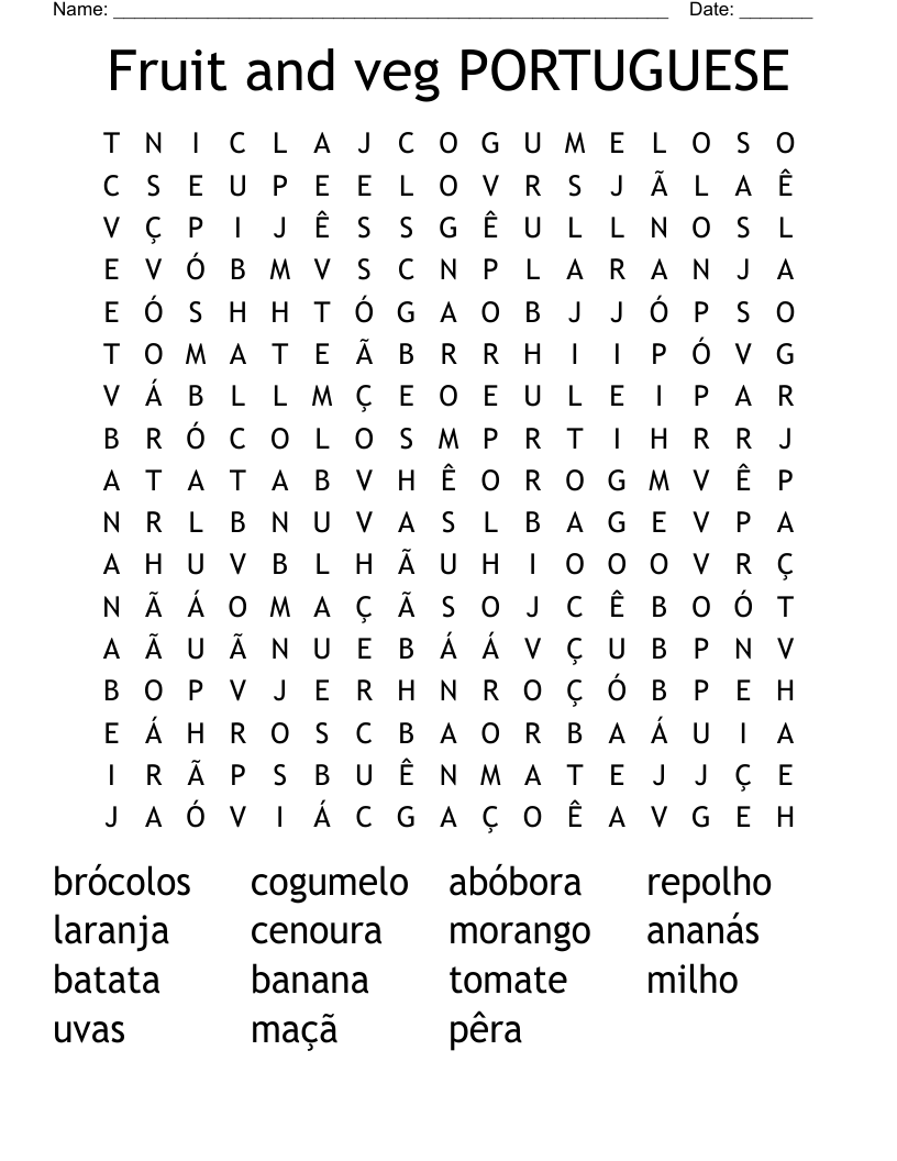 Fruit And Veg PORTUGUESE Word Search WordMint