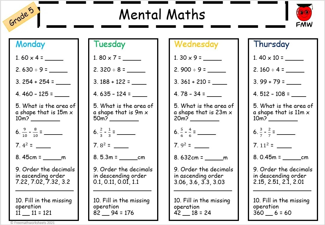 Printable Maths Worksheets Year 5