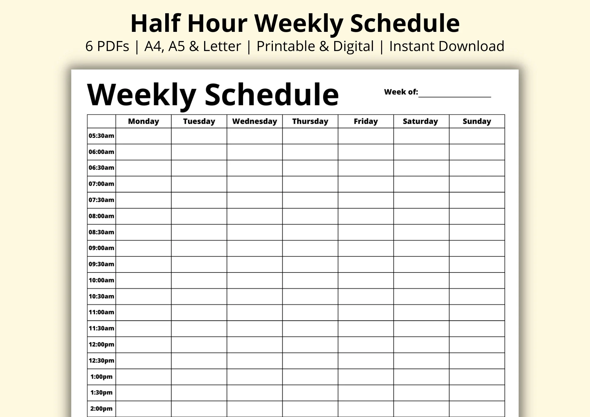 Half Hour Weekly Schedule 7 Day Planner Weekly Planner PDF Week 