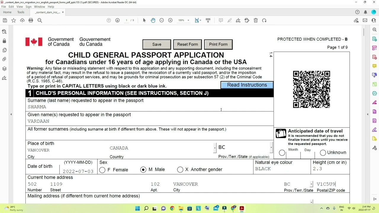 How To Apply For Canadian Passport For Child Fill In The Child General Passport Application