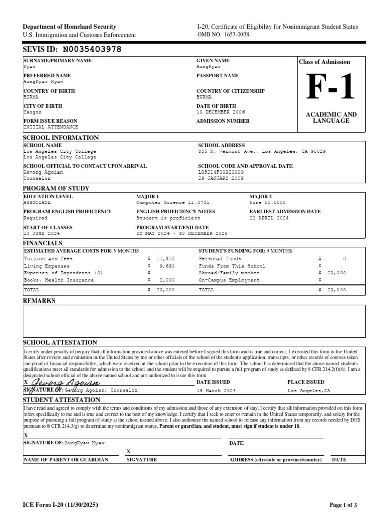 I 20 Form Signed Dated PDF Travel Visa Human Migration