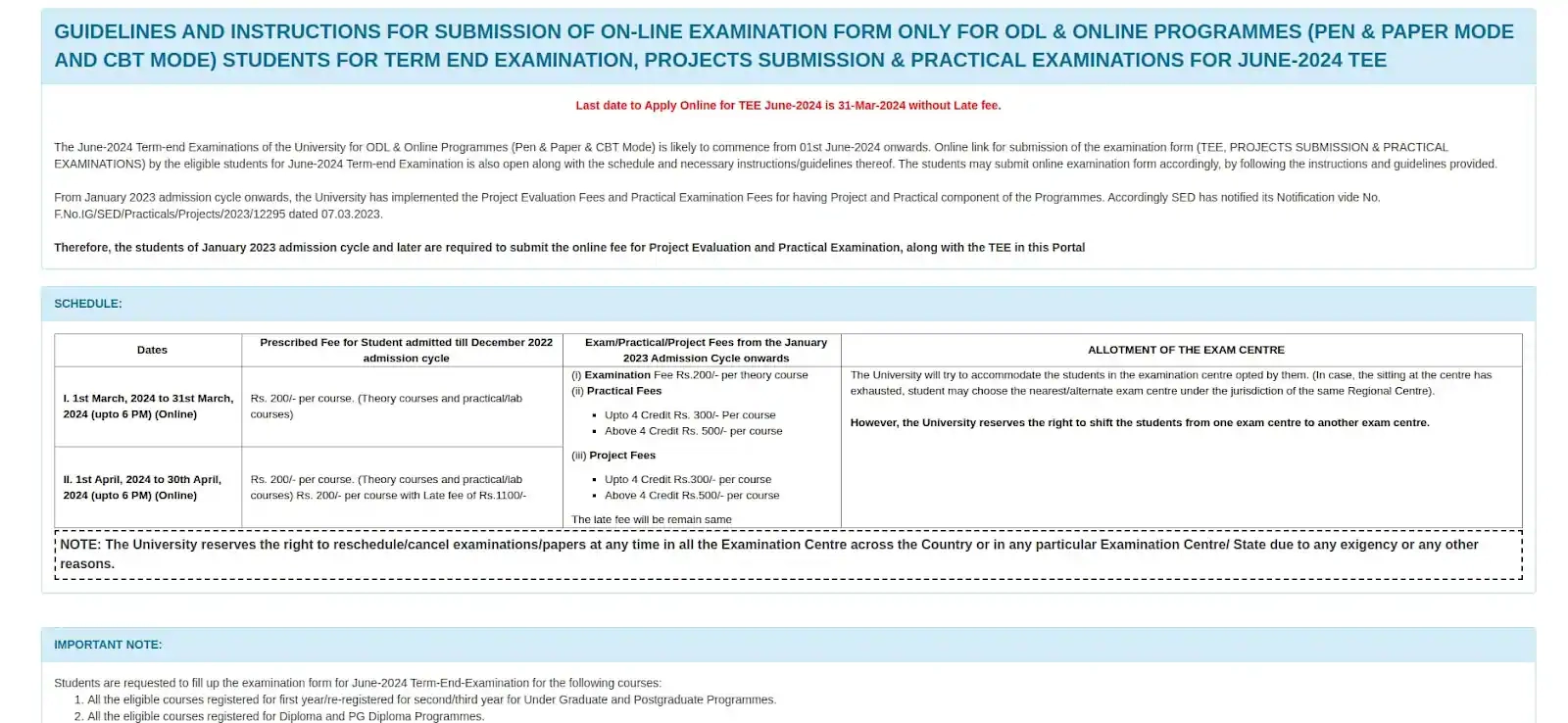 IGNOU Exam Form 2025 Out Exam Fee December Last Date 