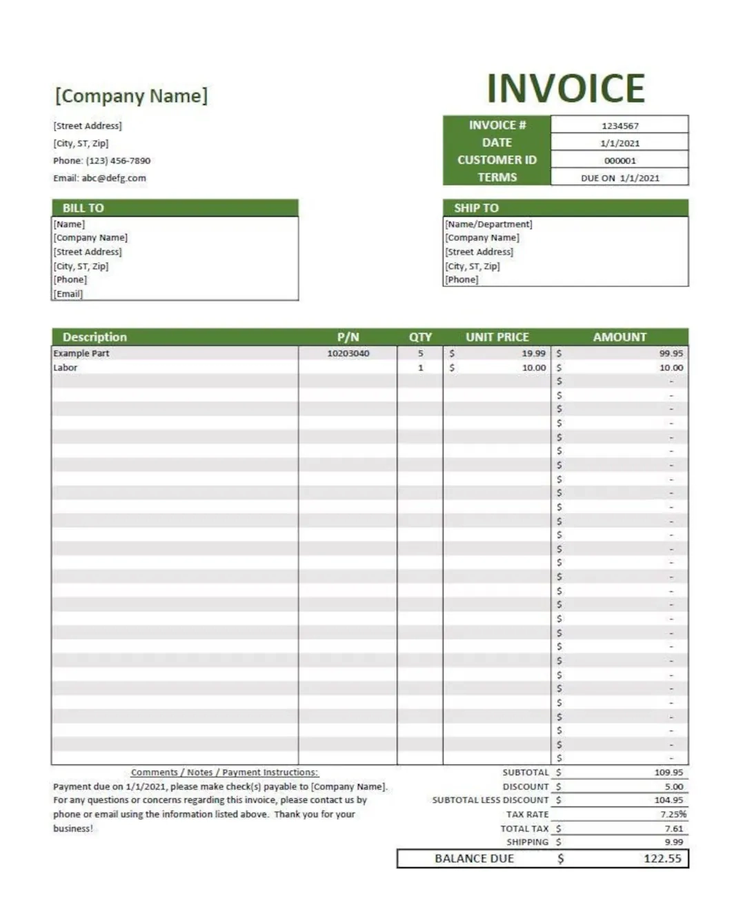 Invoice Template excel Editable Printable Etsy