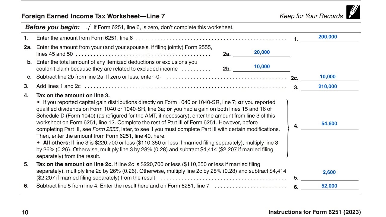 IRS Form 6251 Foreign Earned Income Tax Worksheet Walkthrough Line 7 