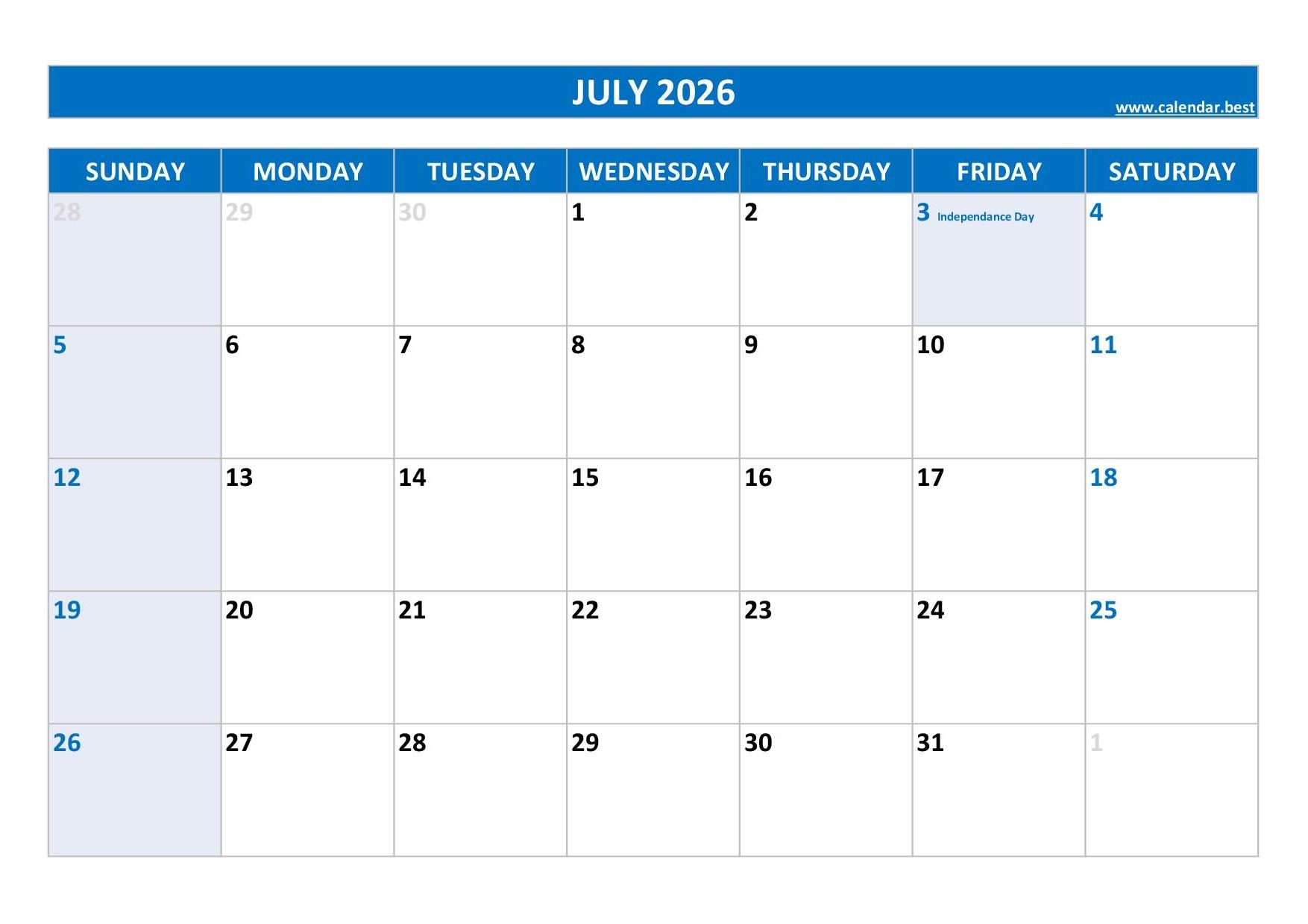 July 2026 Calendar Page Printable