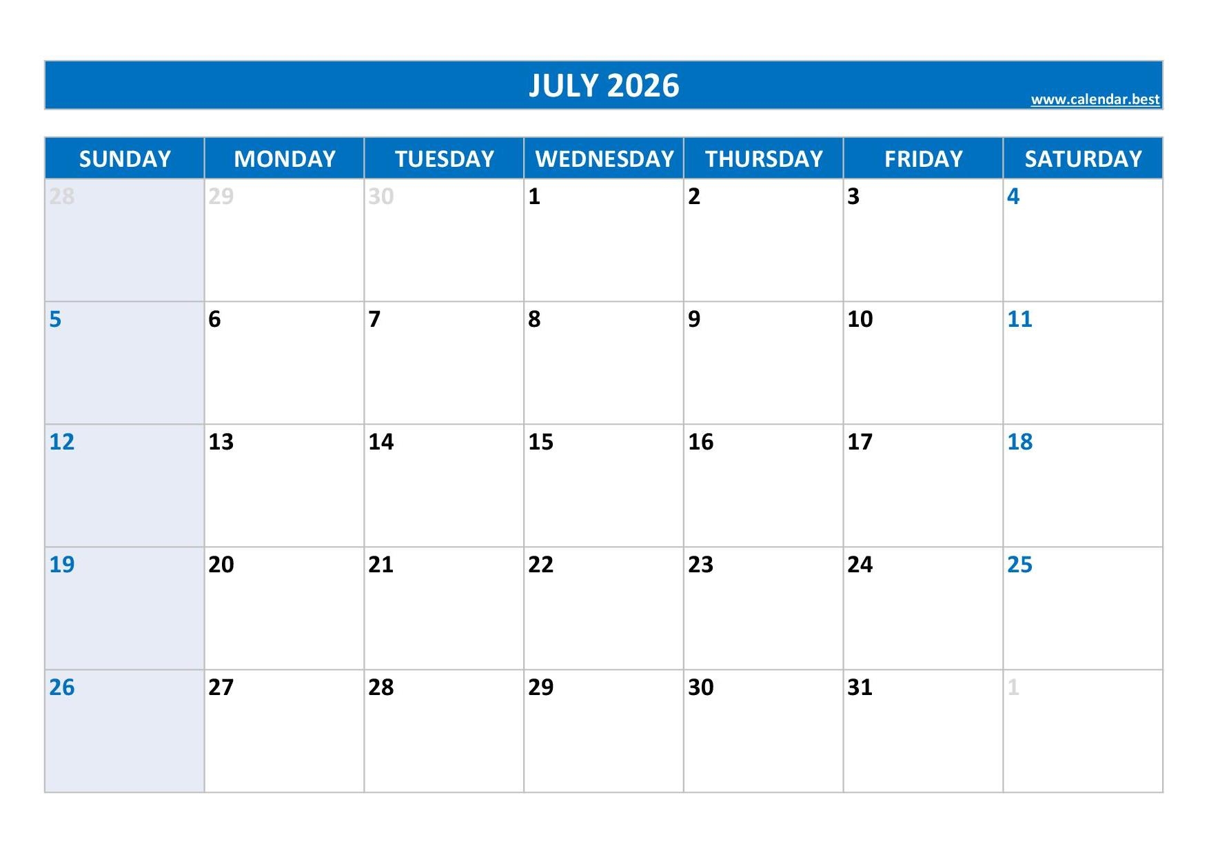 Printable July To December 2026 Calendar