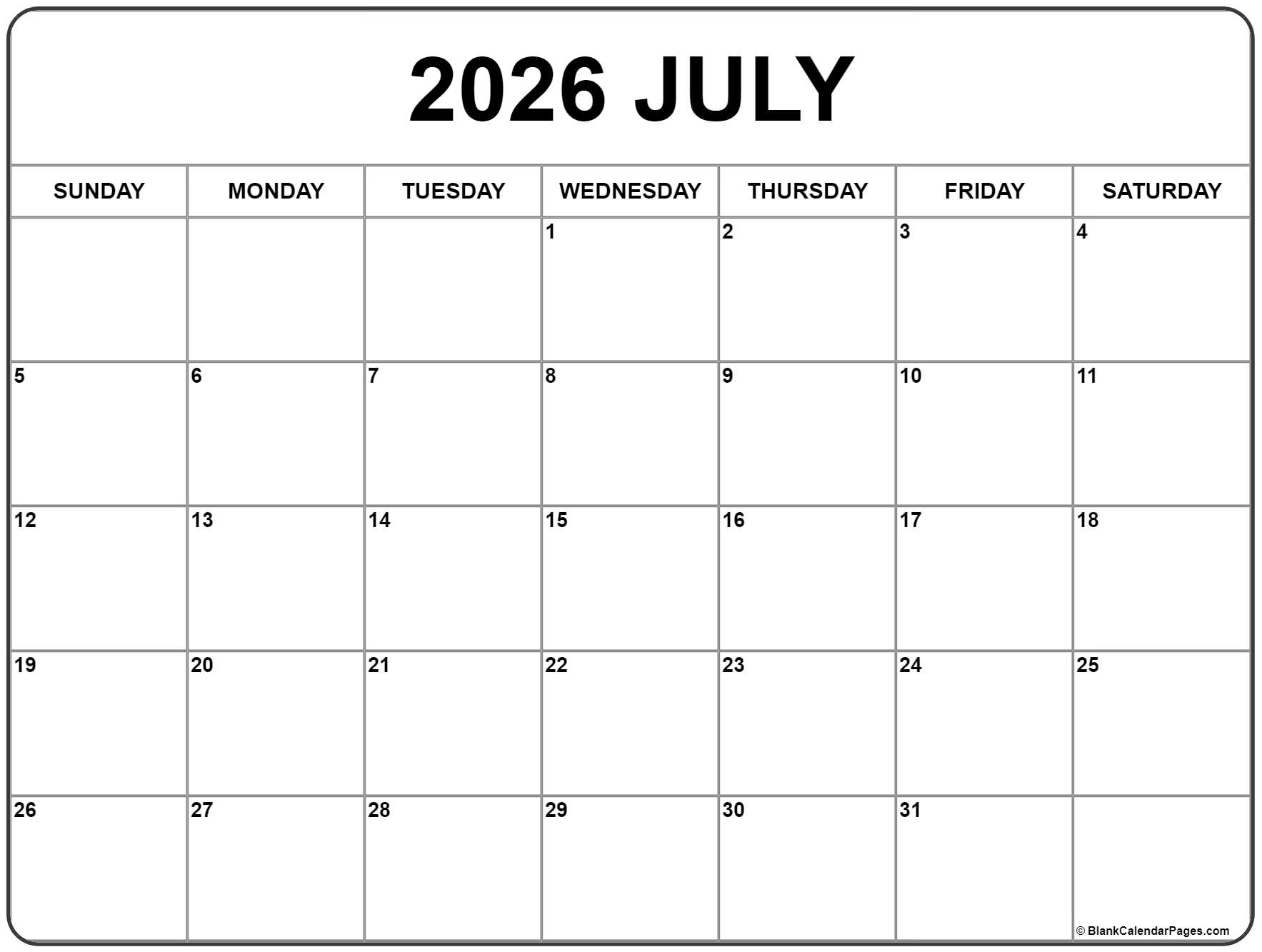 July 2026 Calendar Free Printable Calendars