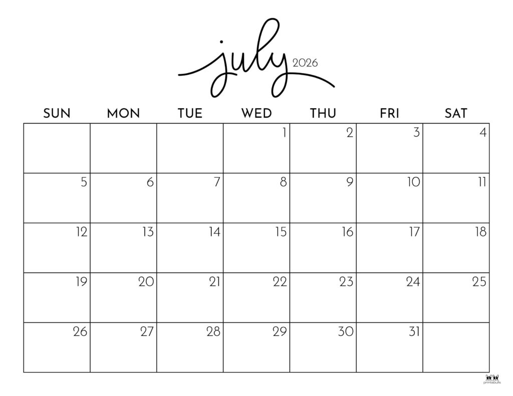 July 2026 Calendars 123 FREE Printables Printabulls