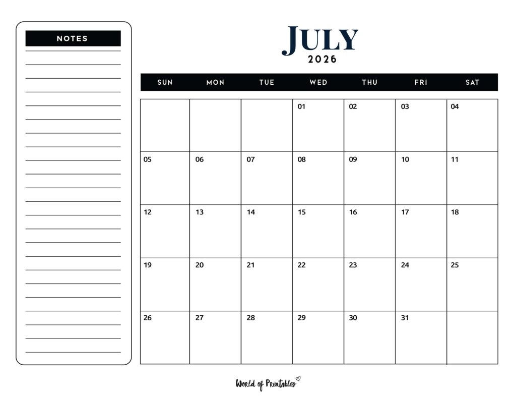 Blank July 2026 Calendar Page