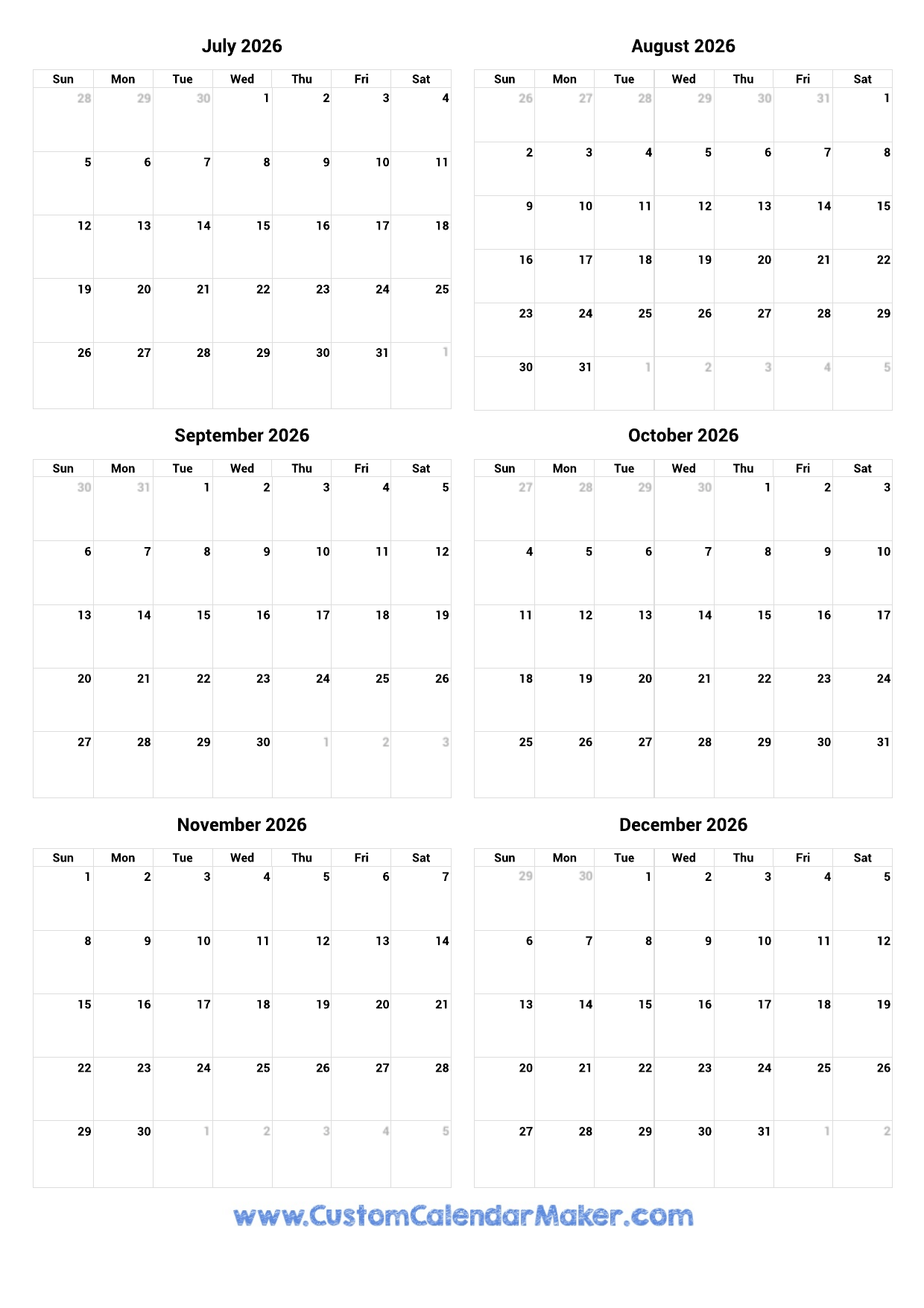 December 2026 Calendar Printable Hand Drawn