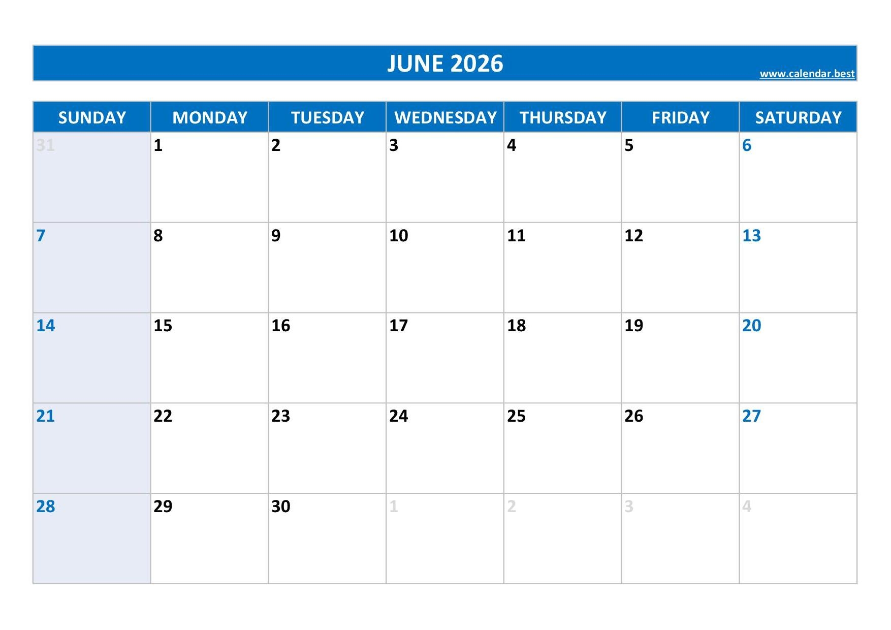 Blank Calendar June 2026 Download
