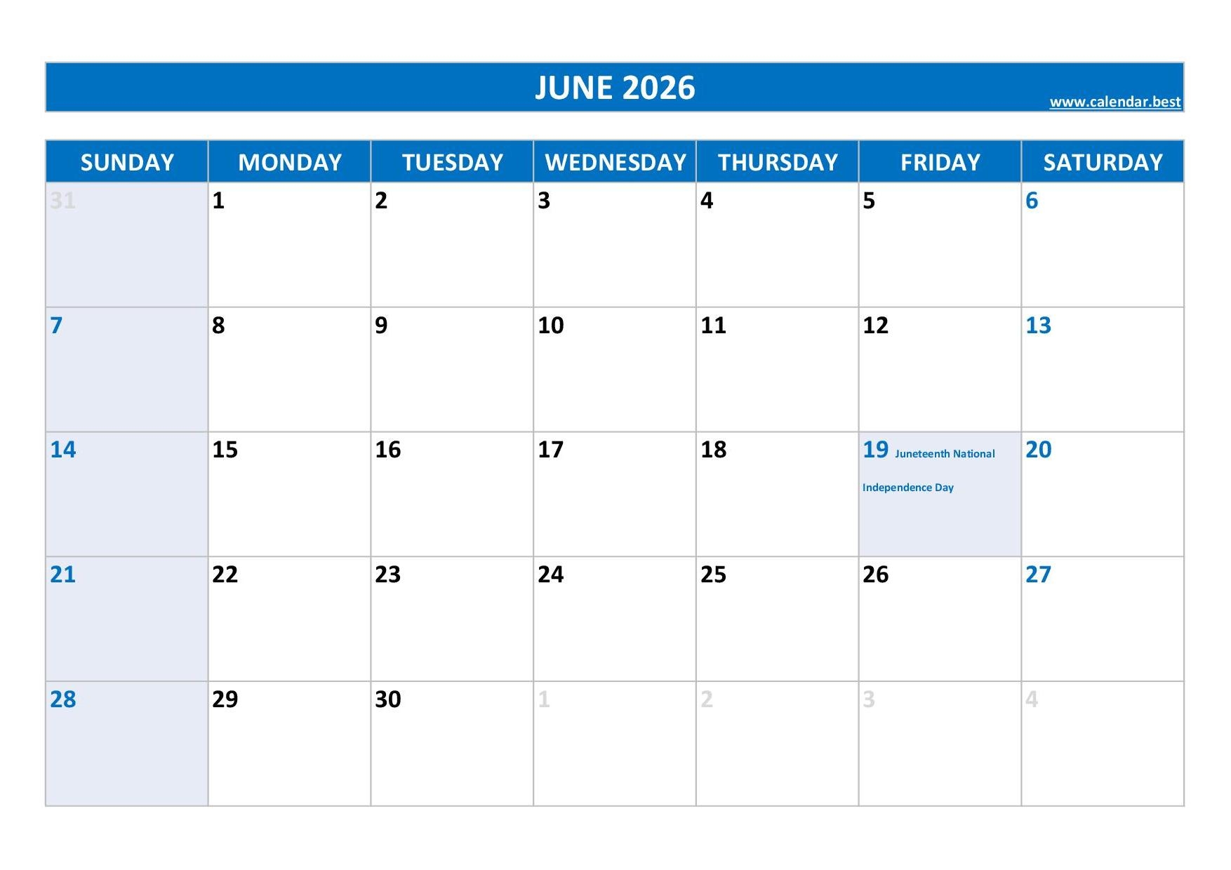 Printable June Calendar 2026 Free Template