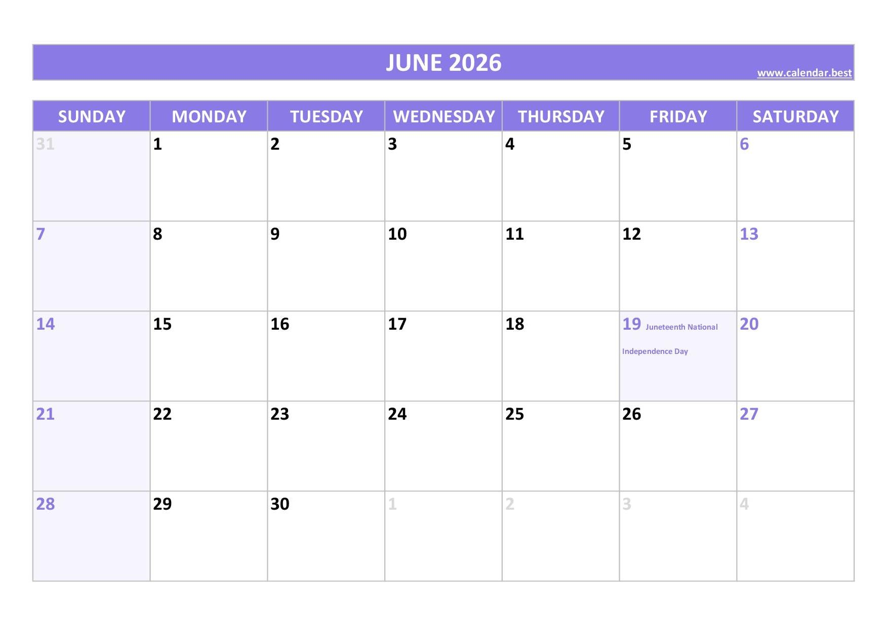 Blank Calendar June 2026 Printable