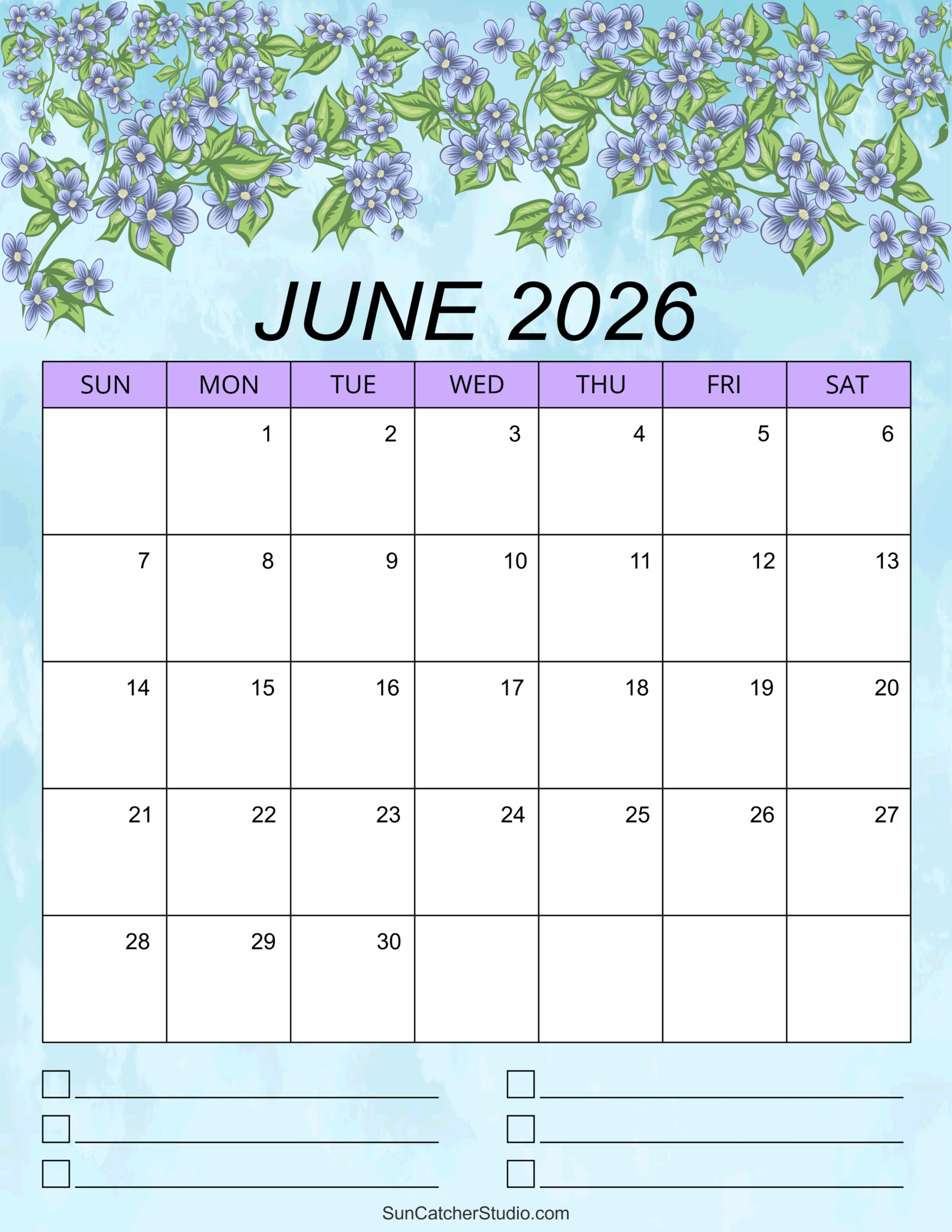 Free Printable Monthly Calendar June 2026