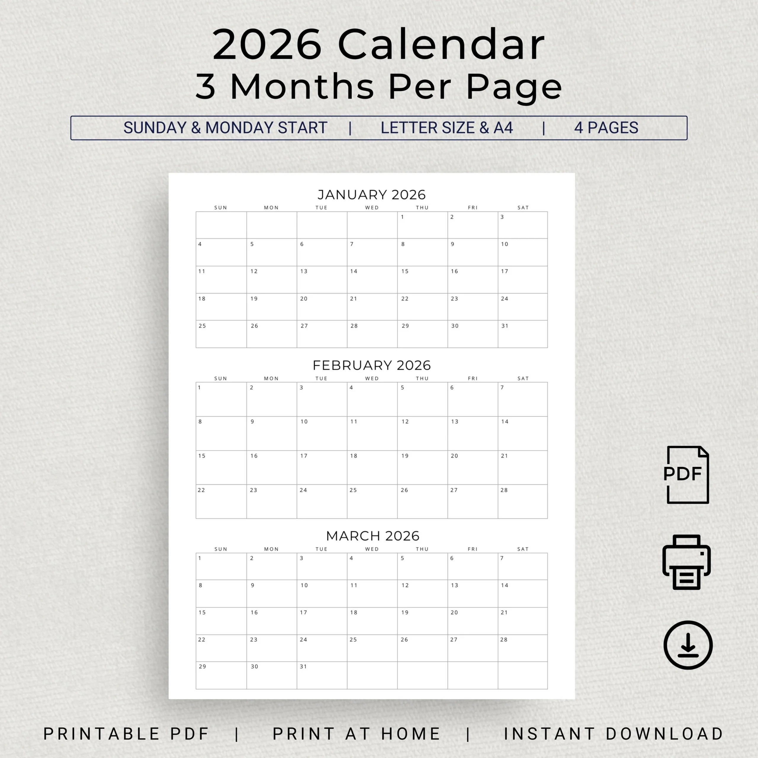 Kalender 2026 3 Monate Pro Seite Kalender Monatskalender Planer 