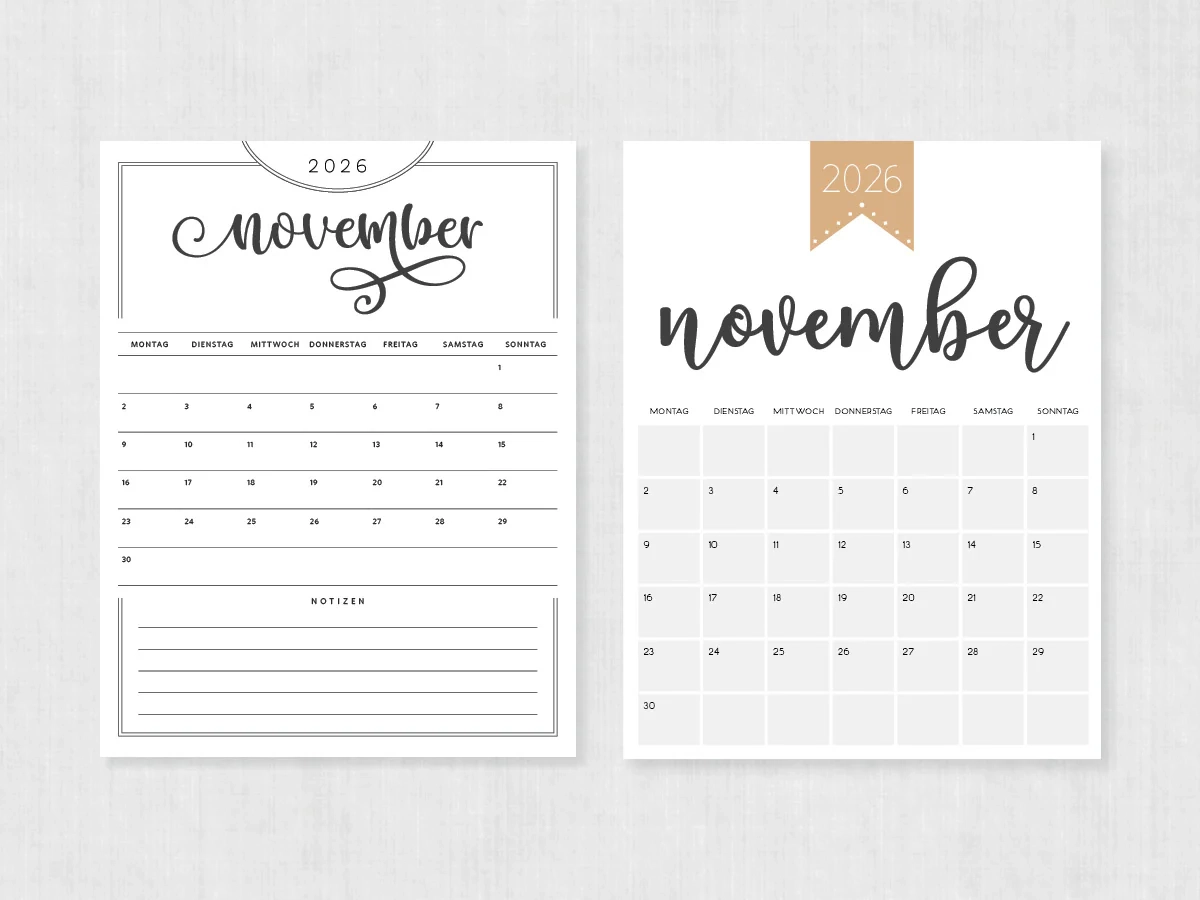Kalender November 2026 Zum Ausdrucken PDF Vorlage