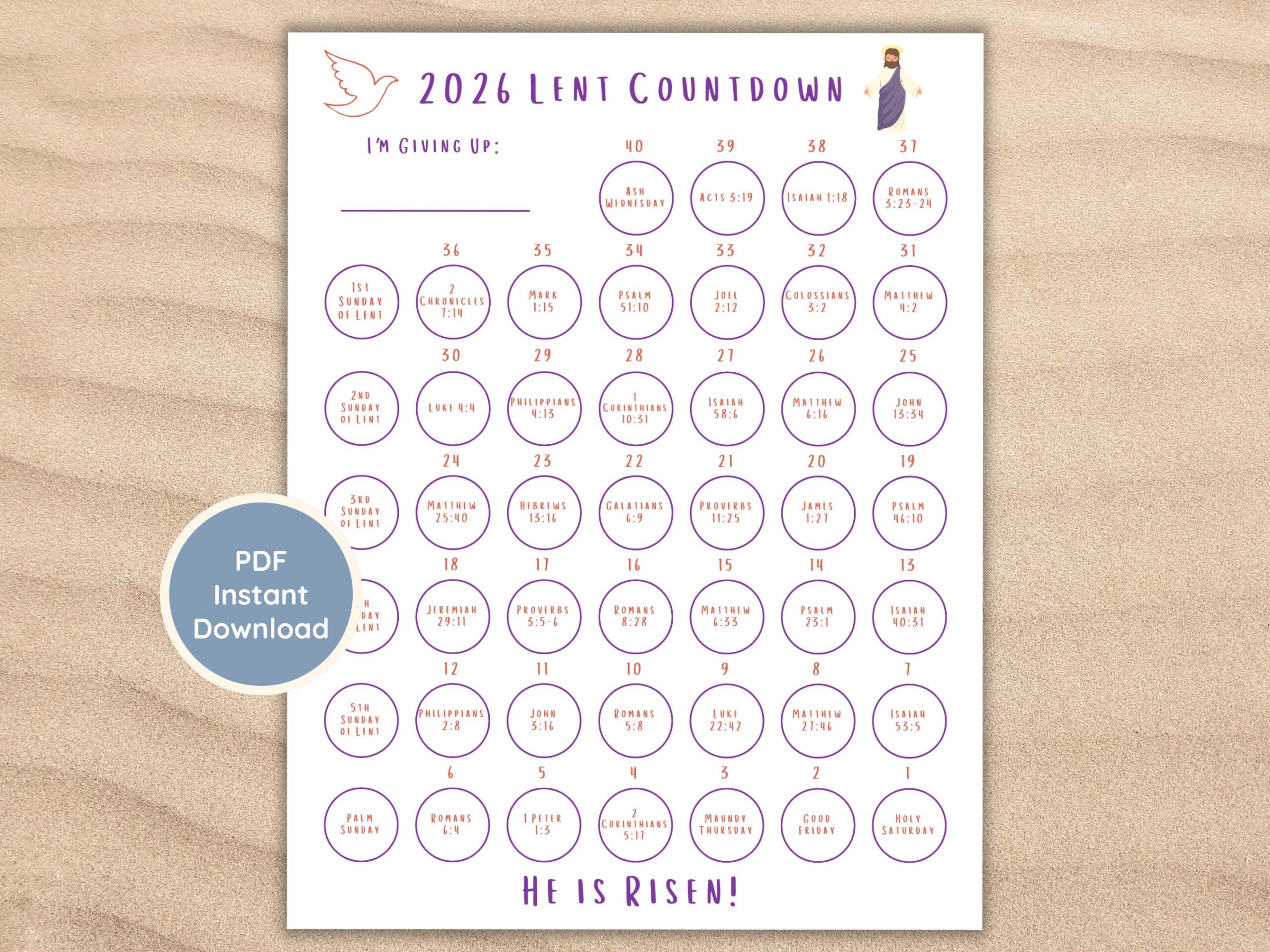 Kids 40 Days Of Lent Tracker 2026 Countdown Calendar Printable 