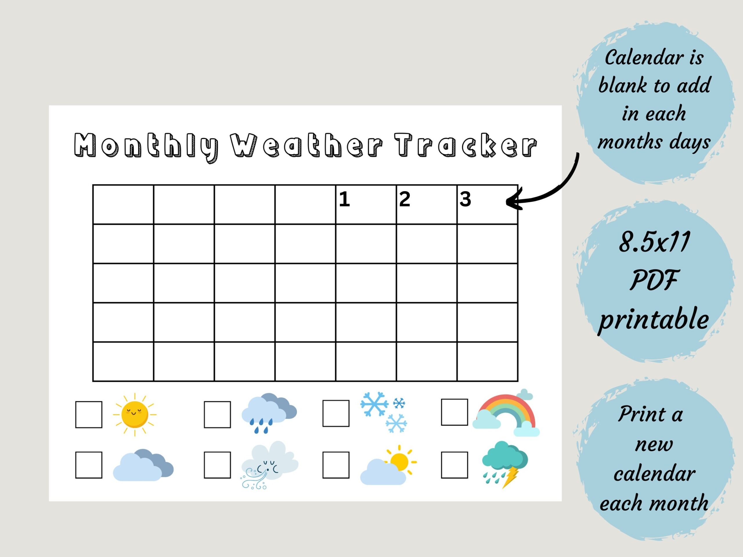 Kids Weather Tracker Printable Monthly Classroom Calendar 