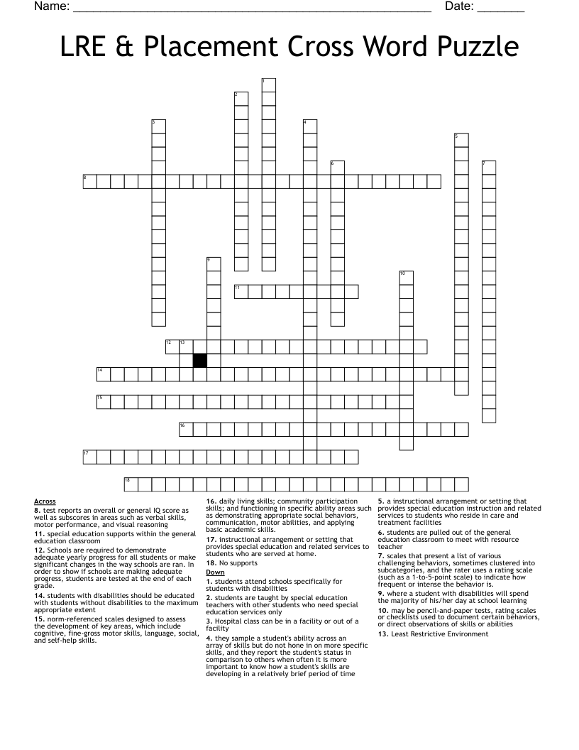 LRE amp Placement Cross Word Puzzle WordMint