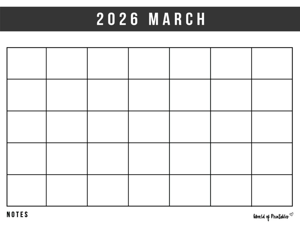 Printable March 2026 Blank Calendar